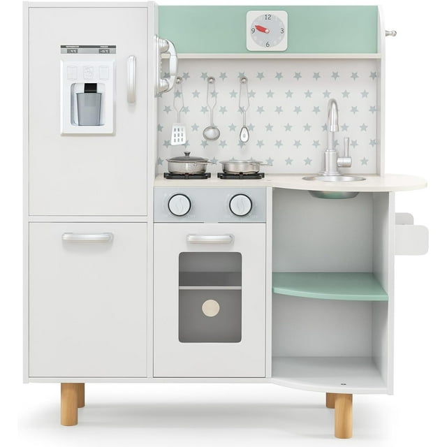 INFANS Kid Kitchen Playset, Toddler Wooden Pretend Cooking Set with Realistic Light & Sound, Stove, Sink, Microwave, Storage Cabinet, Play Kitchen Toy Set for Children Boys Girls