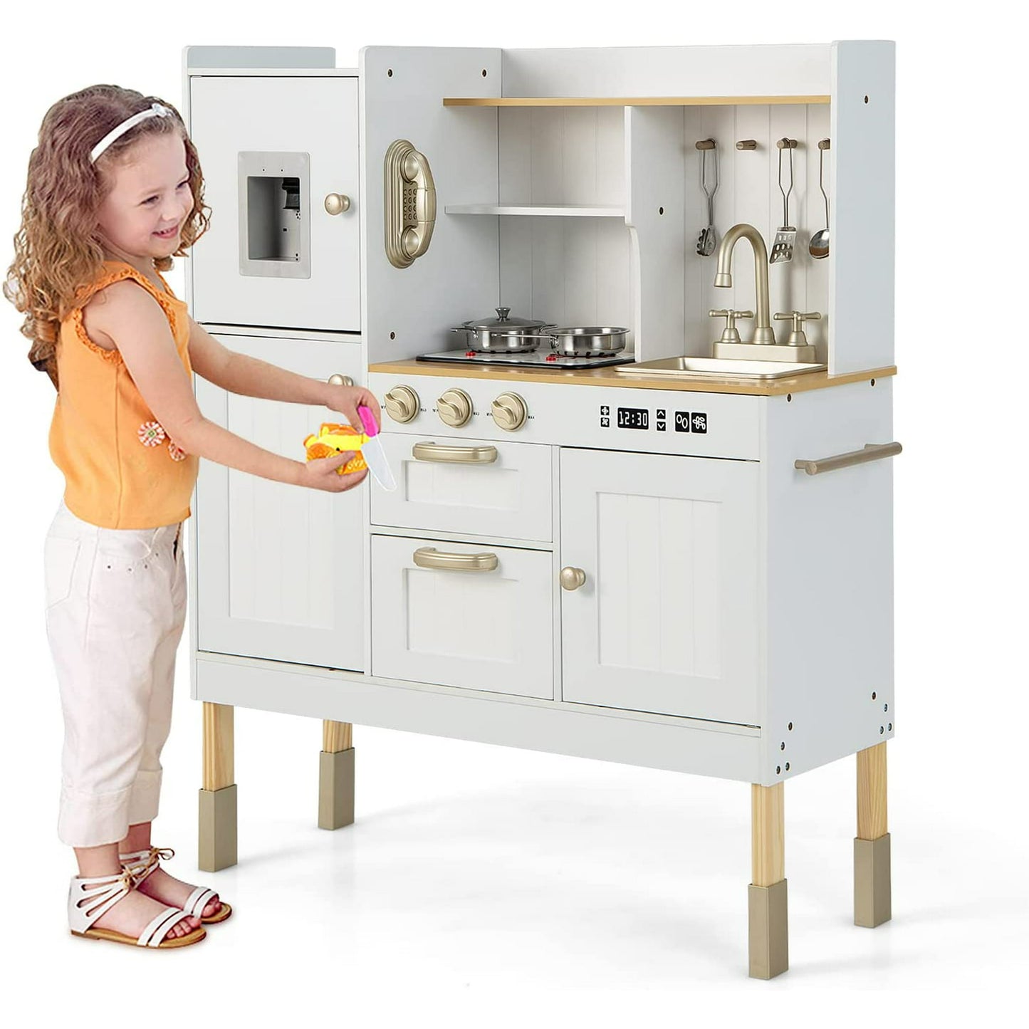 INFANS Kid Kitchen Playset, Toddler Wooden Pretend Cooking Set with Realistic Light & Sound, Stove, Sink, Microwave, Storage Cabinet,Pretend Play Kitchen Toy Set for Children Boys Girls
