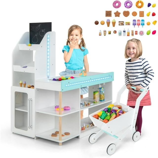 INFANS Kids Grocery Store Playset Wooden Pretend Play Supermarket with LED Lights Manual Conveyor Belt Play Food Accessories Blackboard Cash