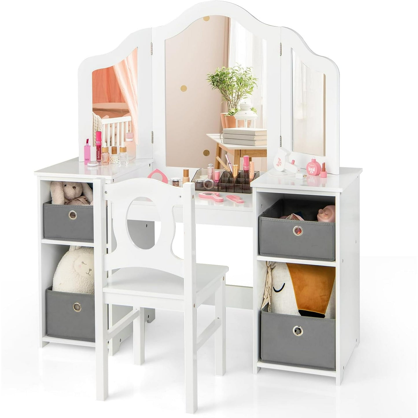 OLAKIDS Kids Vanity, 2 in 1 Princess Makeup Desk and Chair Set with Drawers Tri-Folding Detachable Mirror Large Storage Shelves