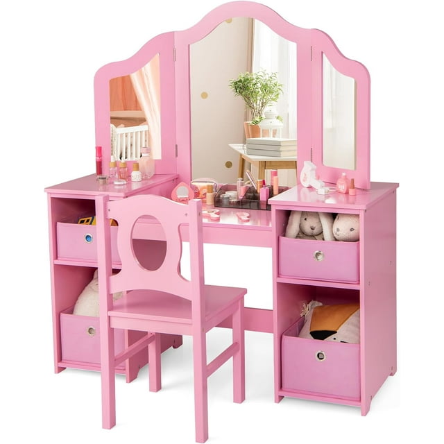 OLAKIDS Kids Vanity, 2 in 1 Princess Makeup Desk and Chair Set with Drawers Tri-Folding Detachable Mirror Large Storage Shelves