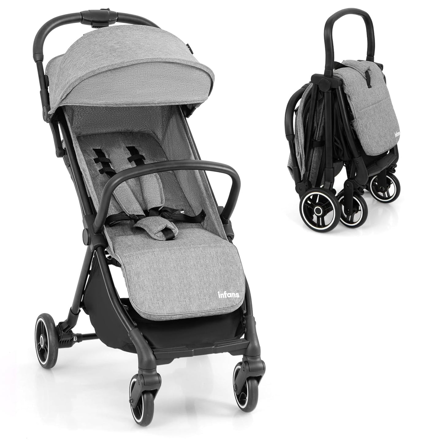INFANS Lightweight Baby Stroller, One-Hand Gravity Fold, Compact Travel Stroller for Airplane with Aluminium Frame, Adjustable Backrest and Canopy, Foldable Infant Toddler Stroller for 0-36 Month