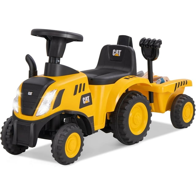 Licensed Caterpillar Ride on Tractor by OLAKIDS, Foot to Floor Sliding Truck with Detachable Trailer, Headlight, Horn, Rake, Shovel, Toy Walker Gift for Kids Toddler Age 1.5-3