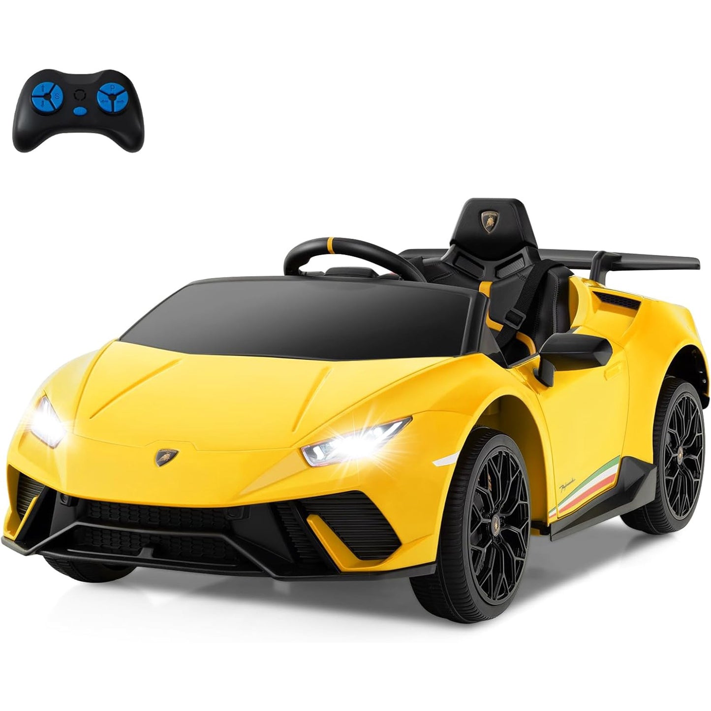 Licensed Lamborghini Huracan Ride on Car by OLAKIDS, 12V Kids Electric Vehicle Battery Powered Toy with Remote Control, LED Lights, Spring Suspension, Bluetooth, MP3, Aged 3-8 Years