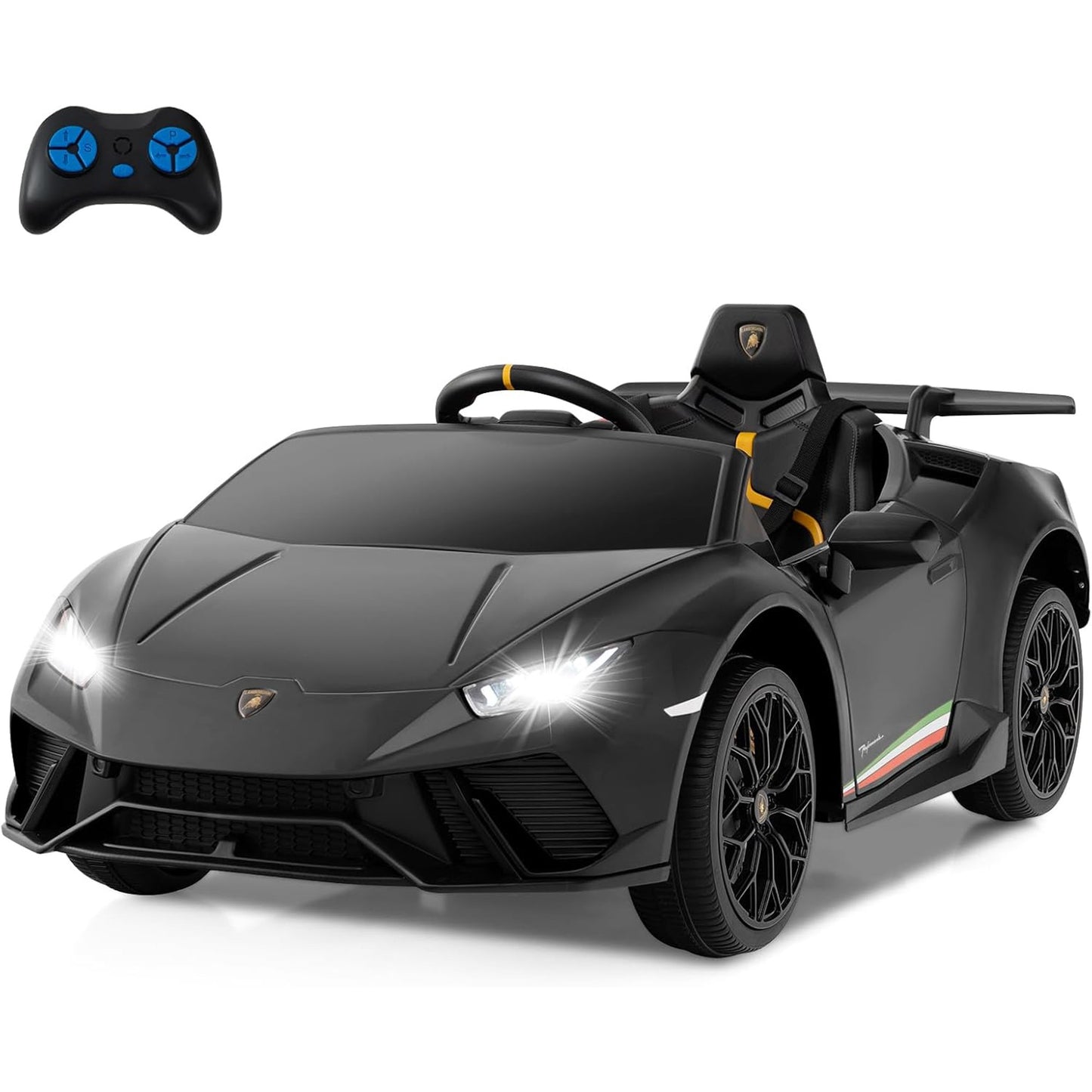 Licensed Lamborghini Huracan Ride on Car by OLAKIDS, 12V Kids Electric Vehicle Battery Powered Toy with Remote Control, LED Lights, Spring Suspension, Bluetooth, MP3, Aged 3-8 Years