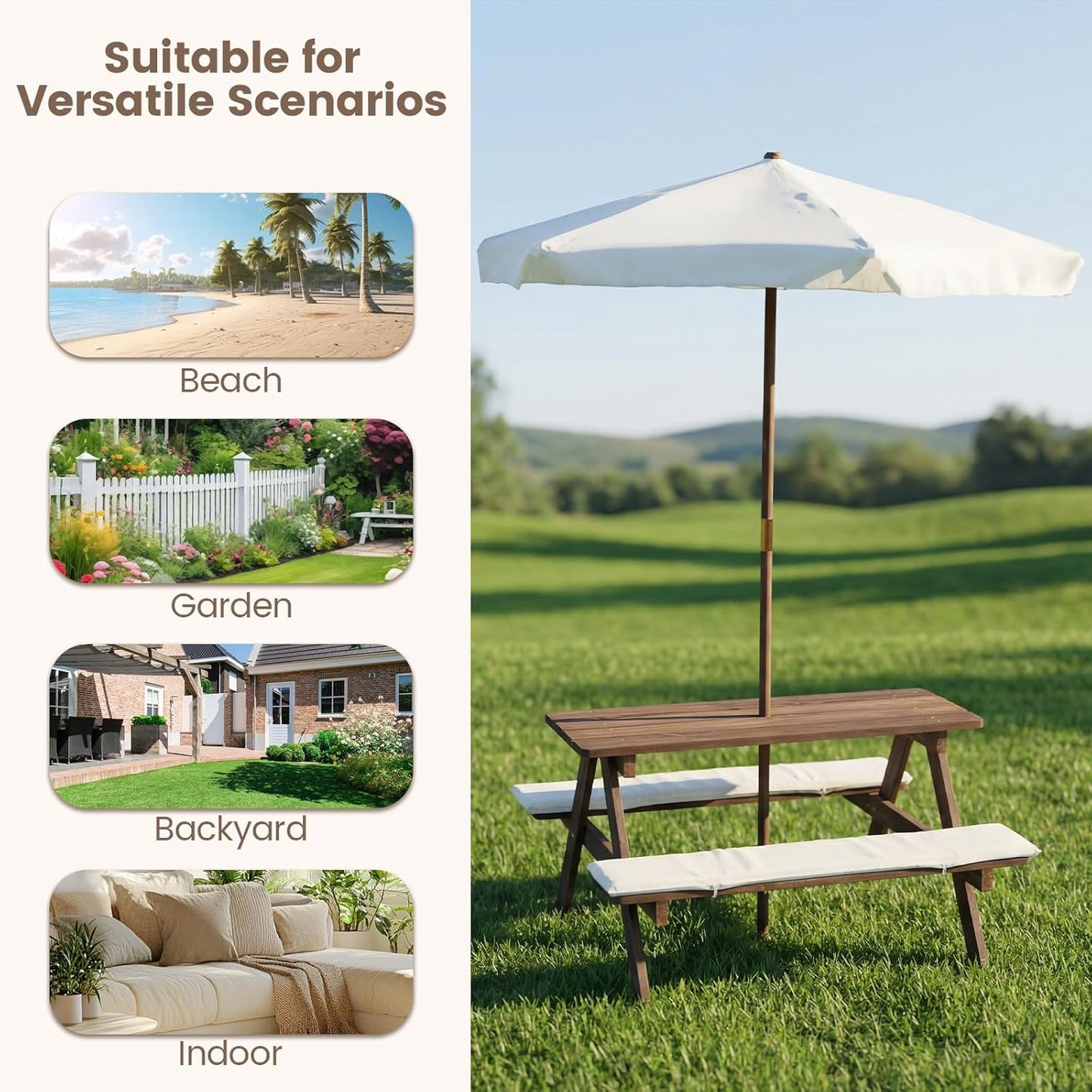 Olakids Kids Picnic Table, Outdoor Wooden Bench Set with Cushions Adjustable Foldable Umbrella for Patio Garden Backyard