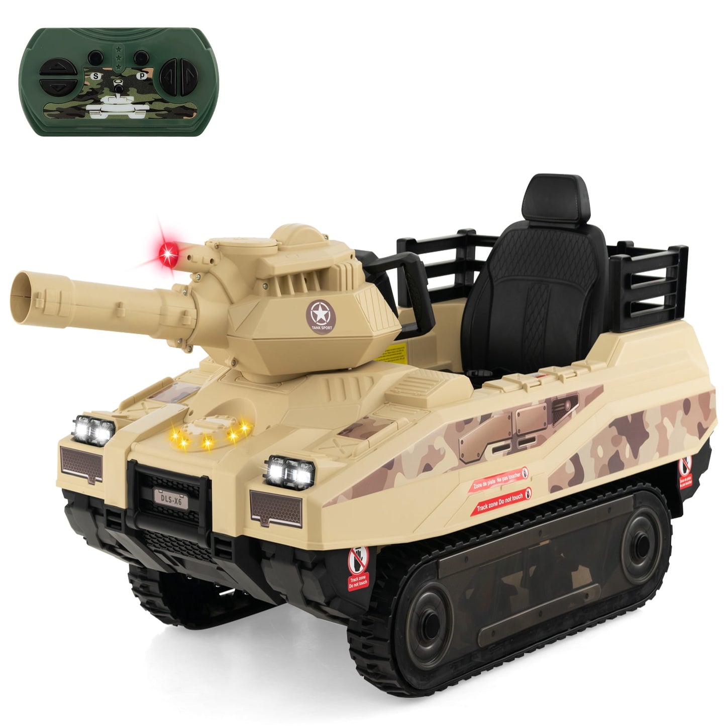 OLAKIDS 12V Ride on Car, Kids Electric Tank with Remote Control, 8 Cannonballs, Rotating Turret, 360°Spin Vehicle, Bluetooth, Battery Powered Army Tank Toy for Boys Girls