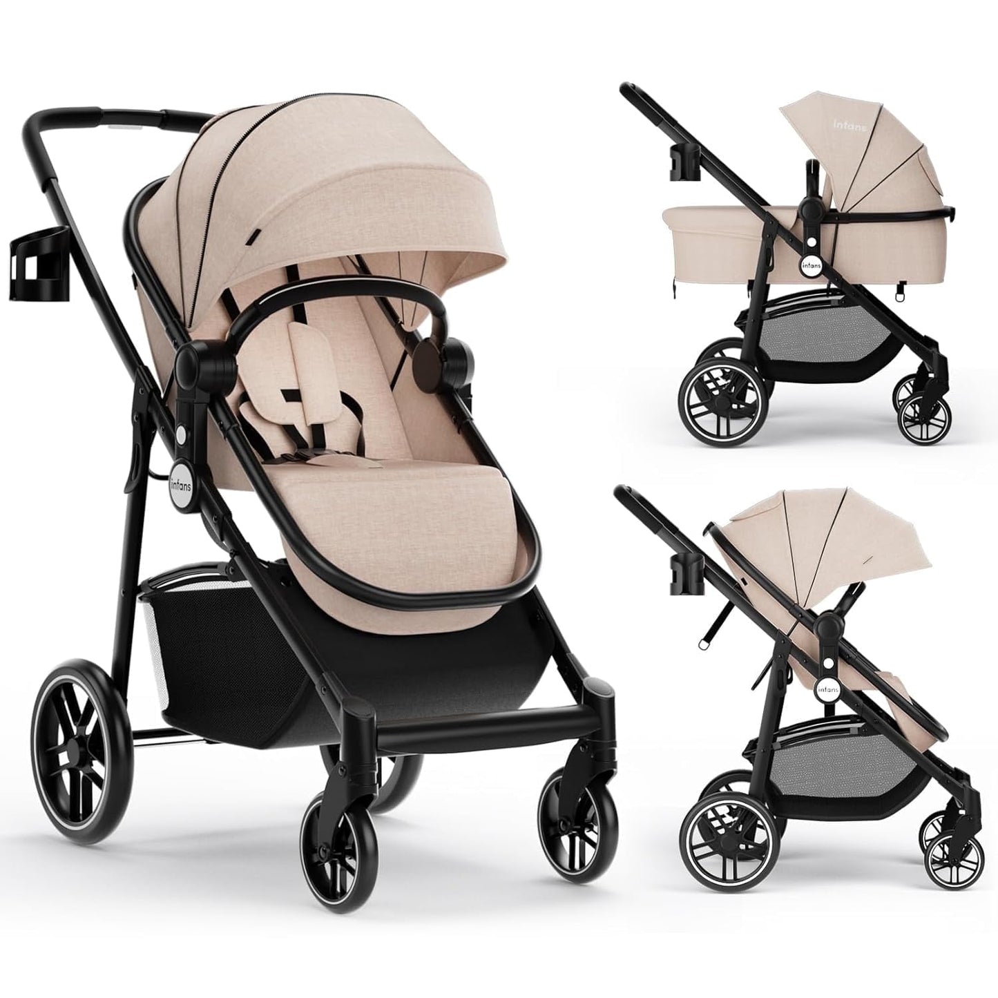 OLAKIDS 2 in 1 Baby Stroller, High Landscape Infant Stroller & Reversible Bassinet Pram, Foldable Pushchair