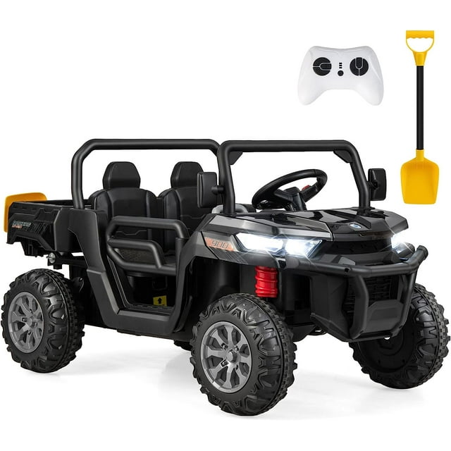 OLAKIDS 2 Seater Ride On UTV, 12V Kids Electric Vehicle Dump Truck with Remote Control, Dump Bed and Extra Shovel, Toddlers Battery Powered Car with Music, USB, AUX, Rocking Function