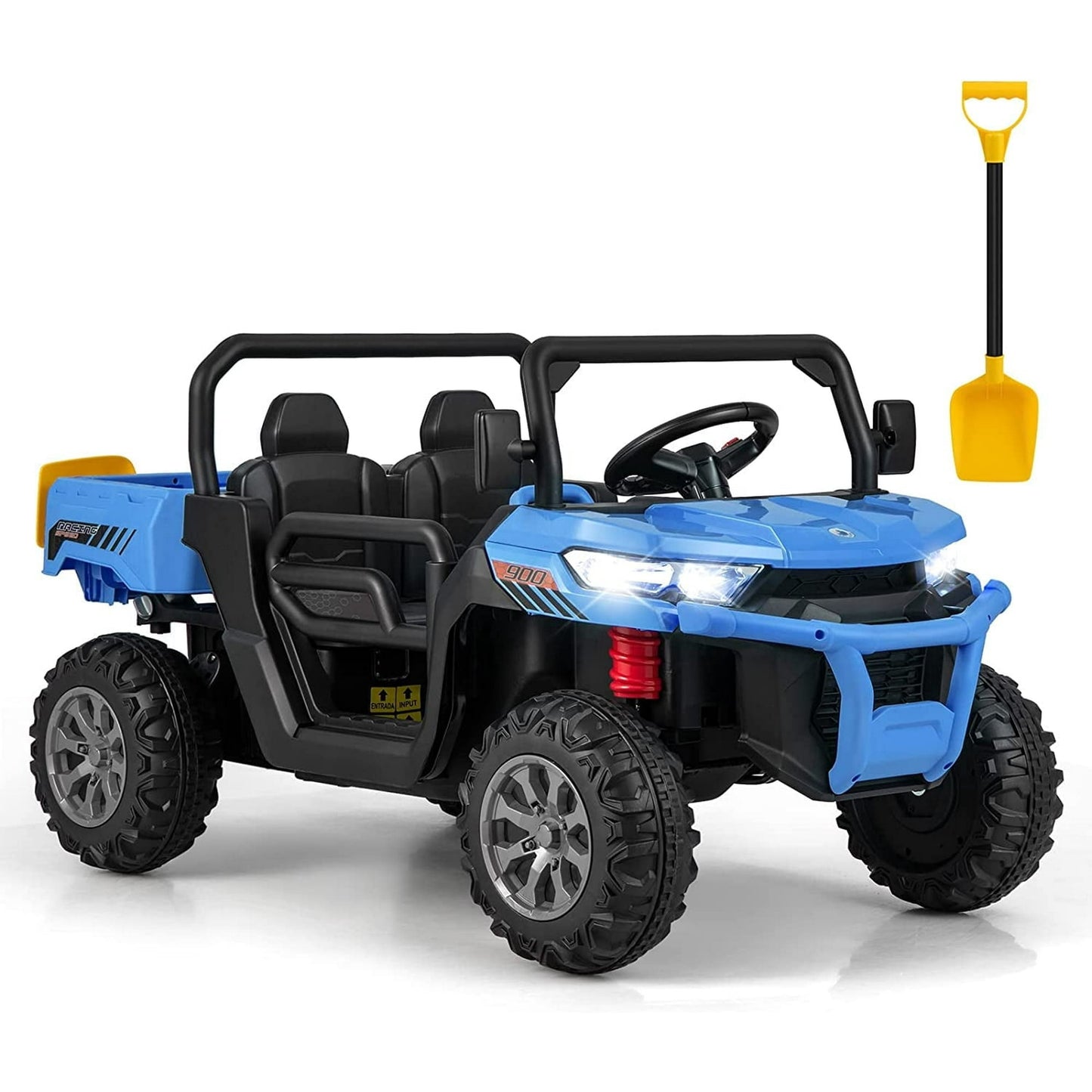 OLAKIDS 2 Seater Ride On UTV, 12V Kids Electric Vehicle Dump Truck with Remote Control, Dump Bed and Extra Shovel, Toddlers Battery Powered Car with Music, USB, AUX, Rocking Function