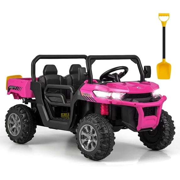 OLAKIDS 2 Seater Ride On UTV, 12V Kids Electric Vehicle Dump Truck with Remote Control, Dump Bed and Extra Shovel, Toddlers Battery Powered Car with Music, USB, AUX, Rocking Function