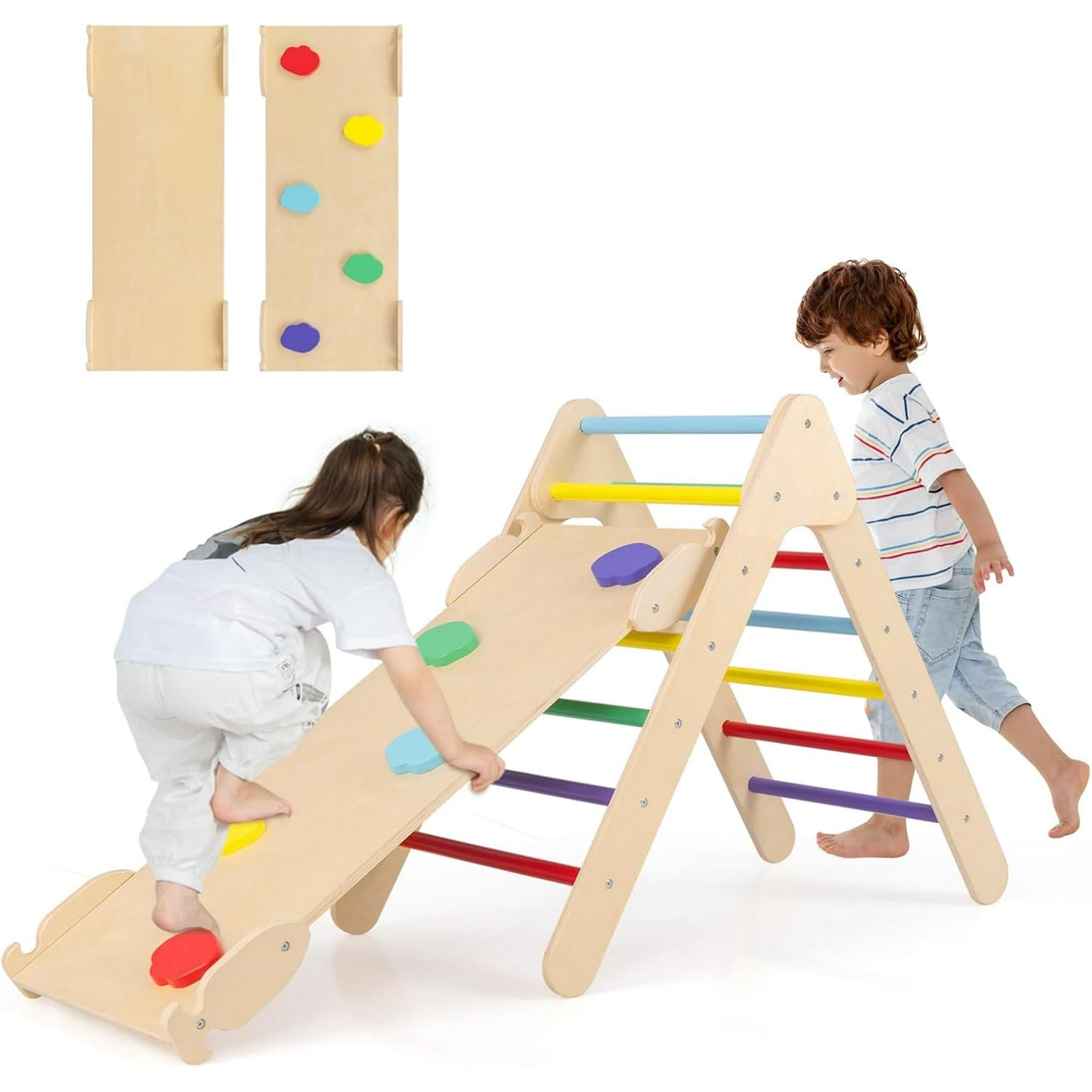 OLAKIDS Toddlers Triangle Climber, 3 in 1 Montessori Kids Wood Climbing Toy with Ramp, Ladder, Slide