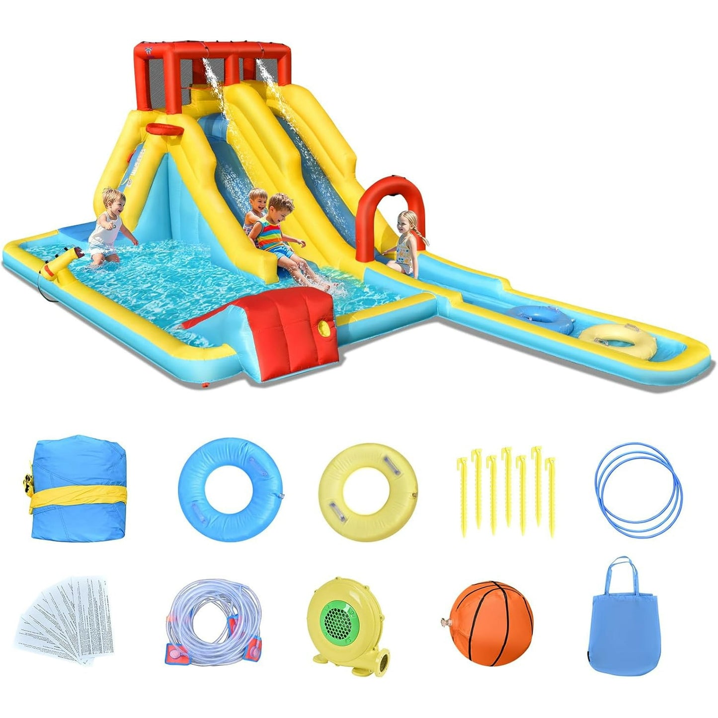 OLAKIDS Inflatable Water Slide, 7 in 1 Bounce House with 2 Slides, Climbing Wall, Splash Pool, Basketball Rim, Water Gun, Outdoor Water Park with Carrying Bag, Repairing Kit, Hose (with Air Blower)