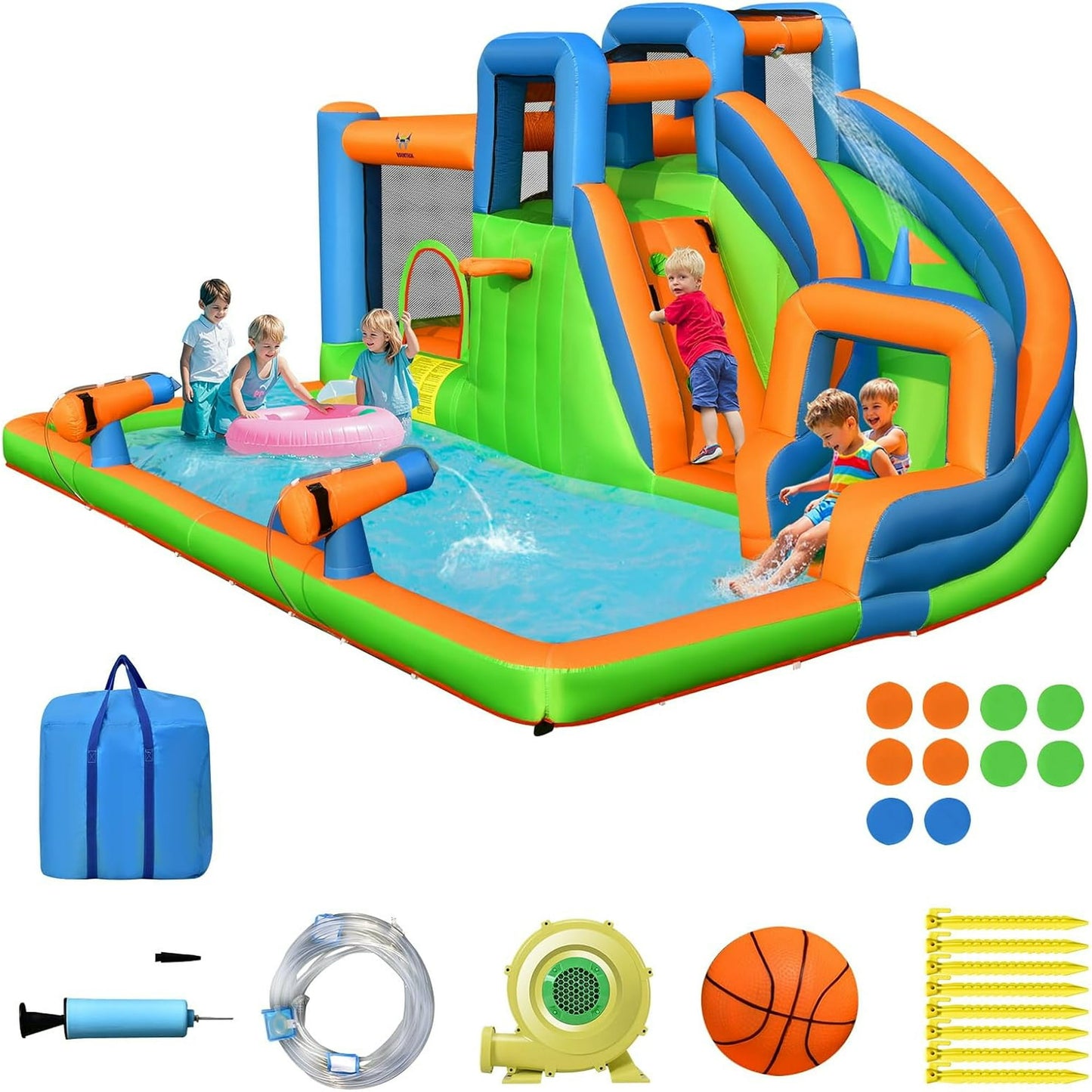 OLAKIDS Inflatable Water Slide, 7 in 1 Bounce House Water Park with Slide Splash Pool Climbing Wall 2 Water Guns Basketball Rim, Outdoor Inflatable Obstacle Course for Kids Backyard (With 735W)