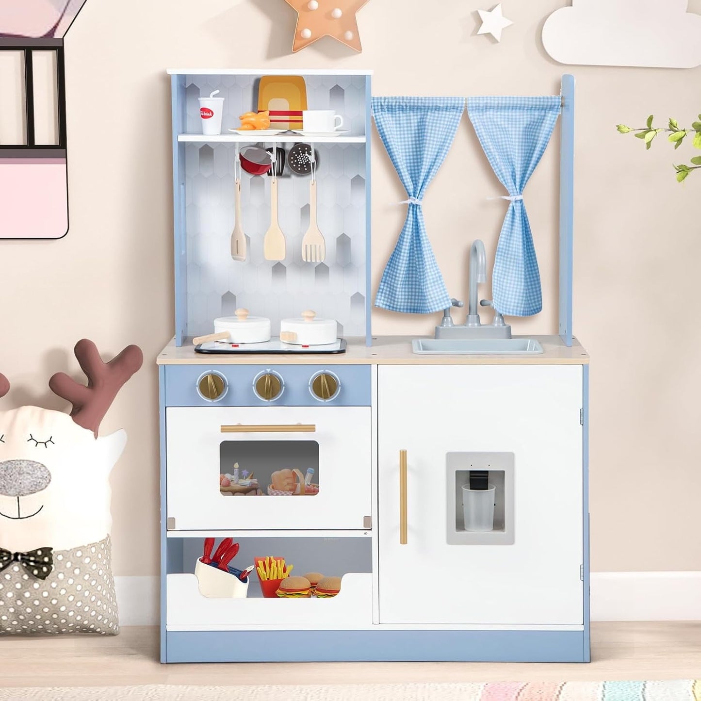 INFANS Kid Kitchen Playset, Toddler Wooden Pretend Cooking Set with Realistic Light & Sound, Stove, Sink, Microwave, Storage Cabinet, Play Kitchen Toy Set for Children Boys Girls