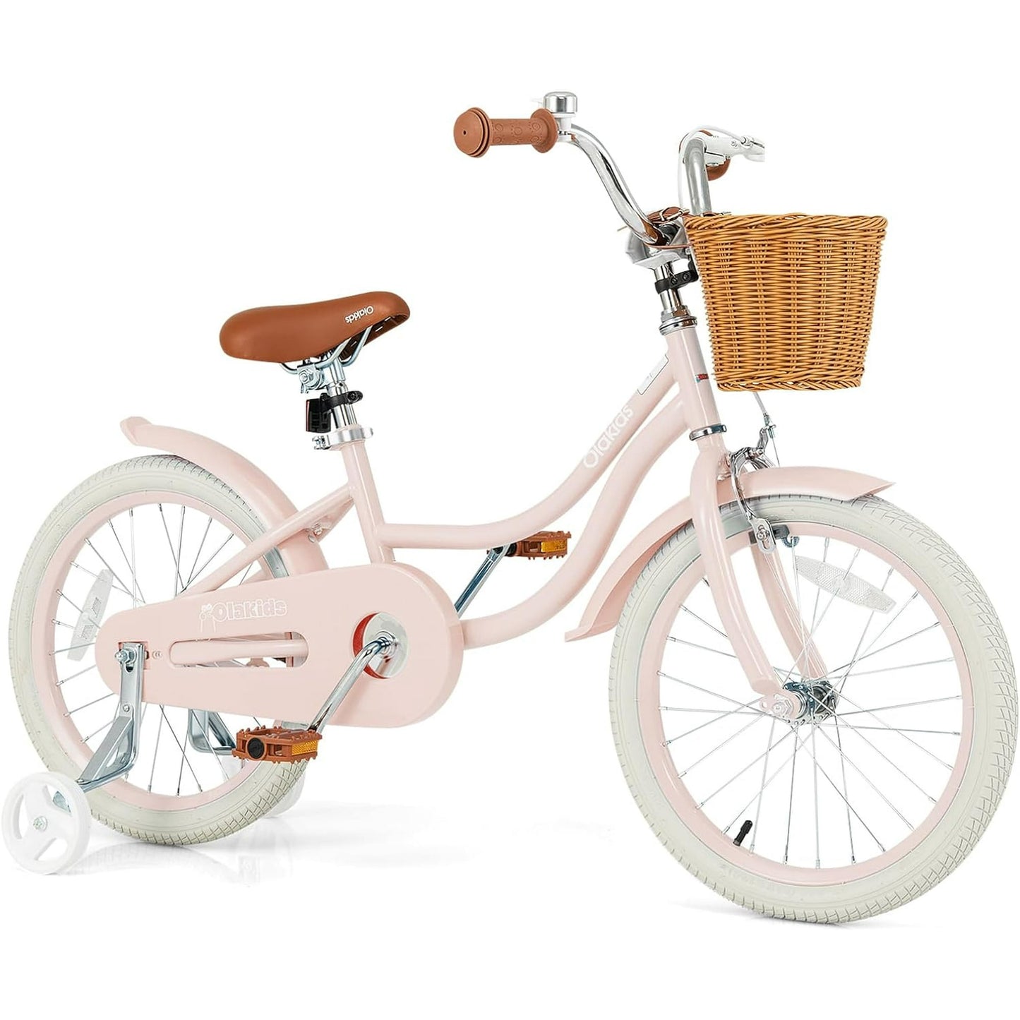 OLAKIDS Kids Bike, 14 16 18 Inch Toddlers Bike with Removable Training Wheels and Rattan Basket, Safety Bell, Adjustable Seat and Handlebar, Children's Bicycle for Girls Boys Age 3-8