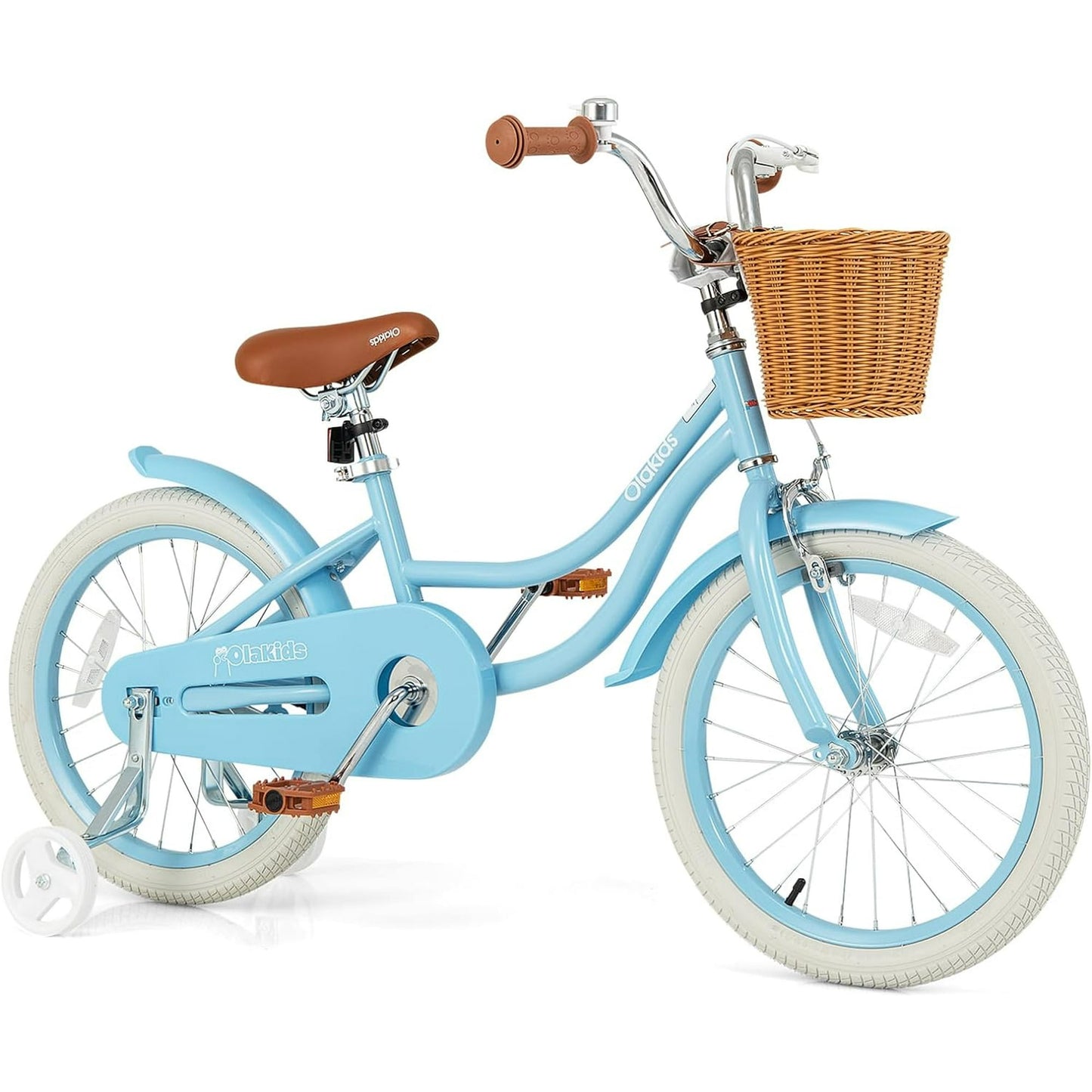 OLAKIDS Kids Bike, 14 16 18 Inch Toddlers Bike with Removable Training Wheels and Rattan Basket, Safety Bell, Adjustable Seat and Handlebar, Children's Bicycle for Girls Boys Age 3-8