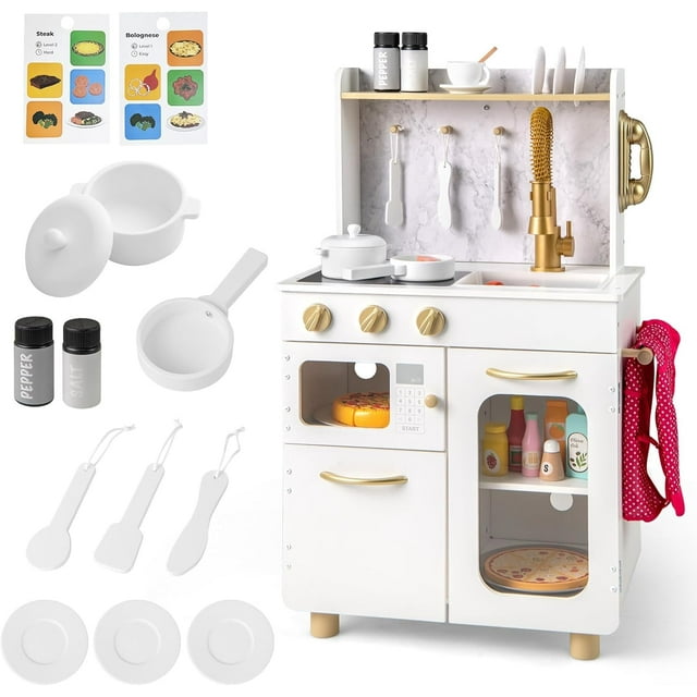 OLAKIDS Kids Kitchen Playset, Toddler Wooden Pretend Cooking Set with with Telephone Stove Microwave Storage Cabinet, Play Kitchen Toy Set with Toy Food Cookware Accessories for Children Boys Girls