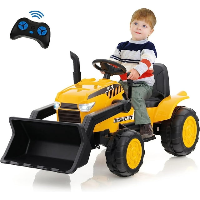 OLAKIDS Kids Ride on Car, 12V Electric Excavator Vehicle Construction Truck with Remote Control, Adjustable Bucket, Toddlers Battery Powered Bulldozer Tractor with 2 Speeds, Music, Bluetooth, USB, MP3