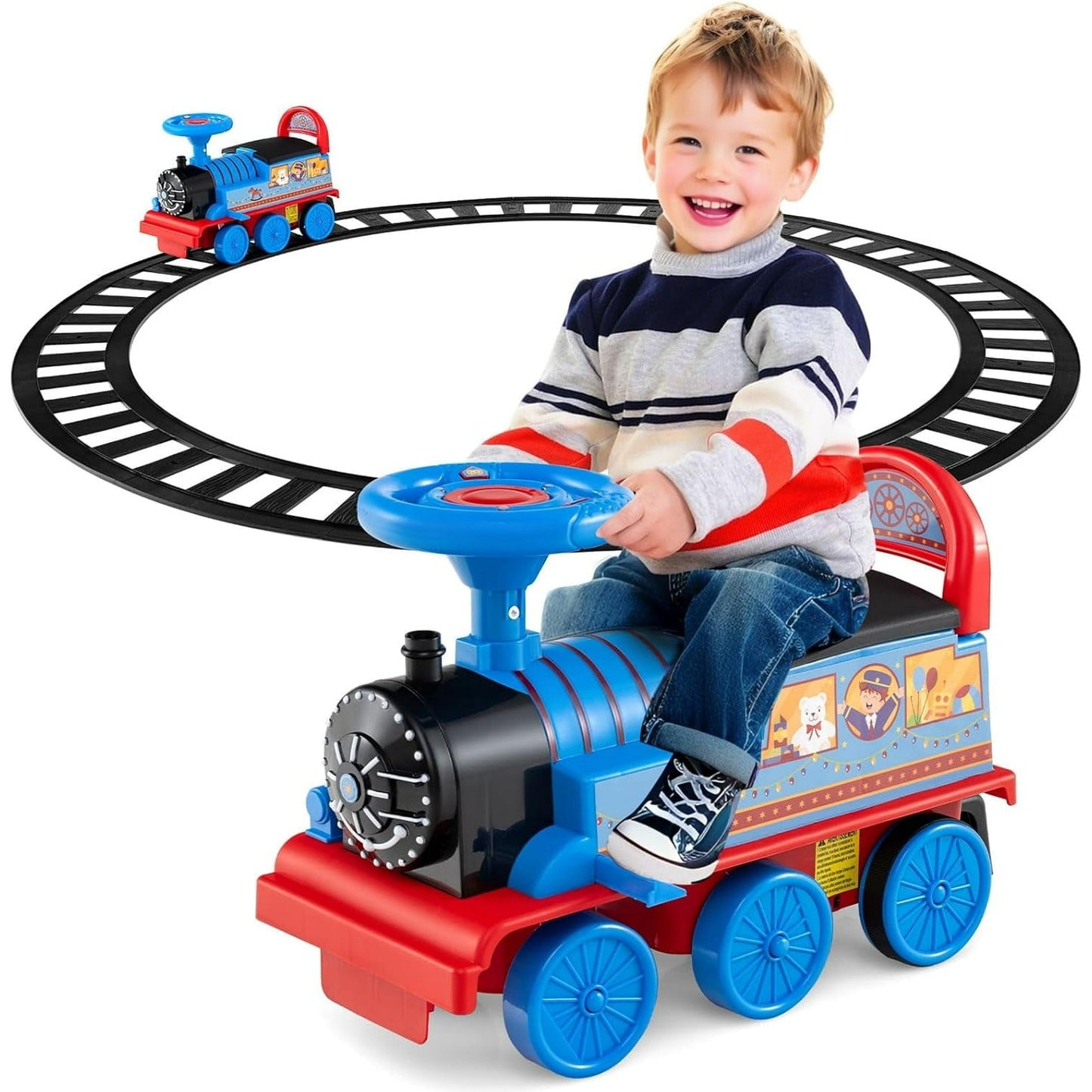 OLAKIDS Kids Ride on Train with Track, 6V Electric Toy with Lights and Sounds, Retractable Footrest, Under Seat Storage, Christmas Theme Battery Powered Gift for Toddlers Boys Girls
