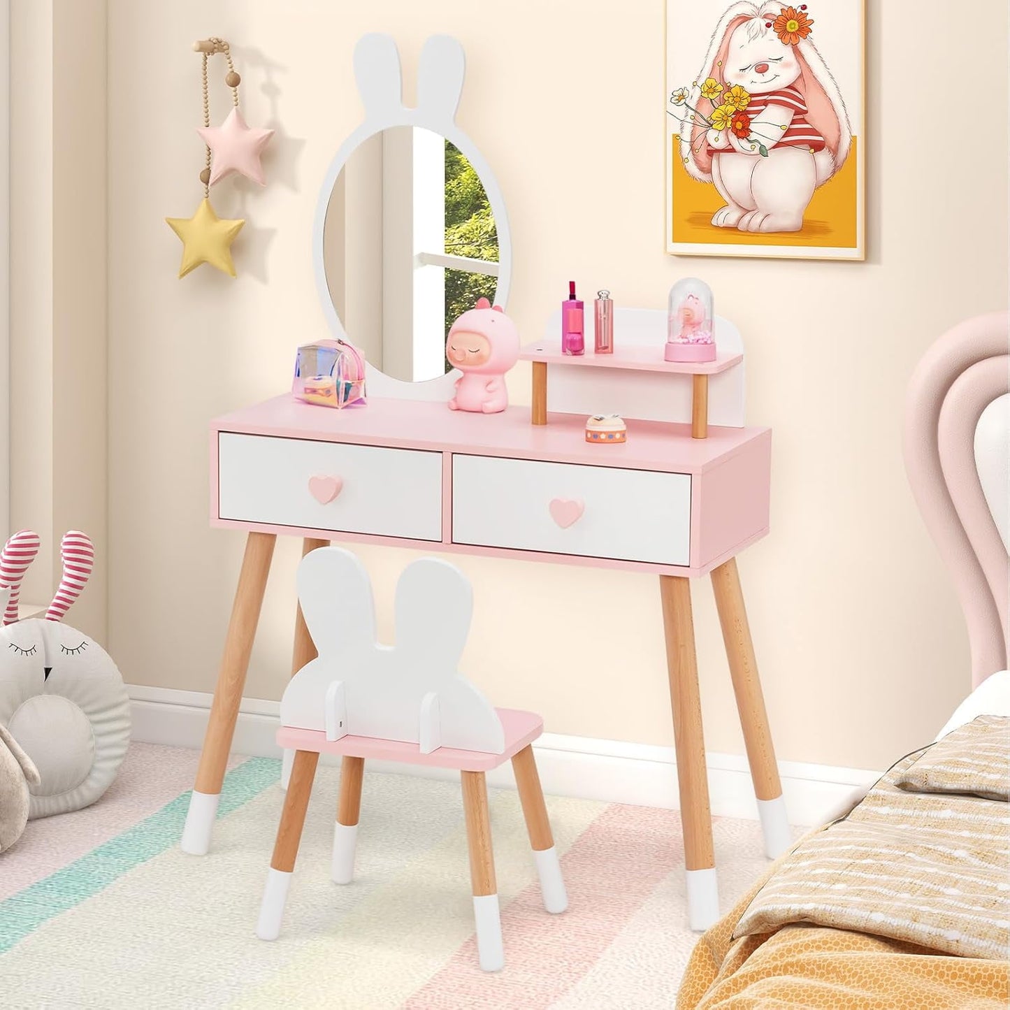 OLAKIDS Kids Vanity Set, 2 in 1 Wooden Princess Makeup Table and Chair with Mirror