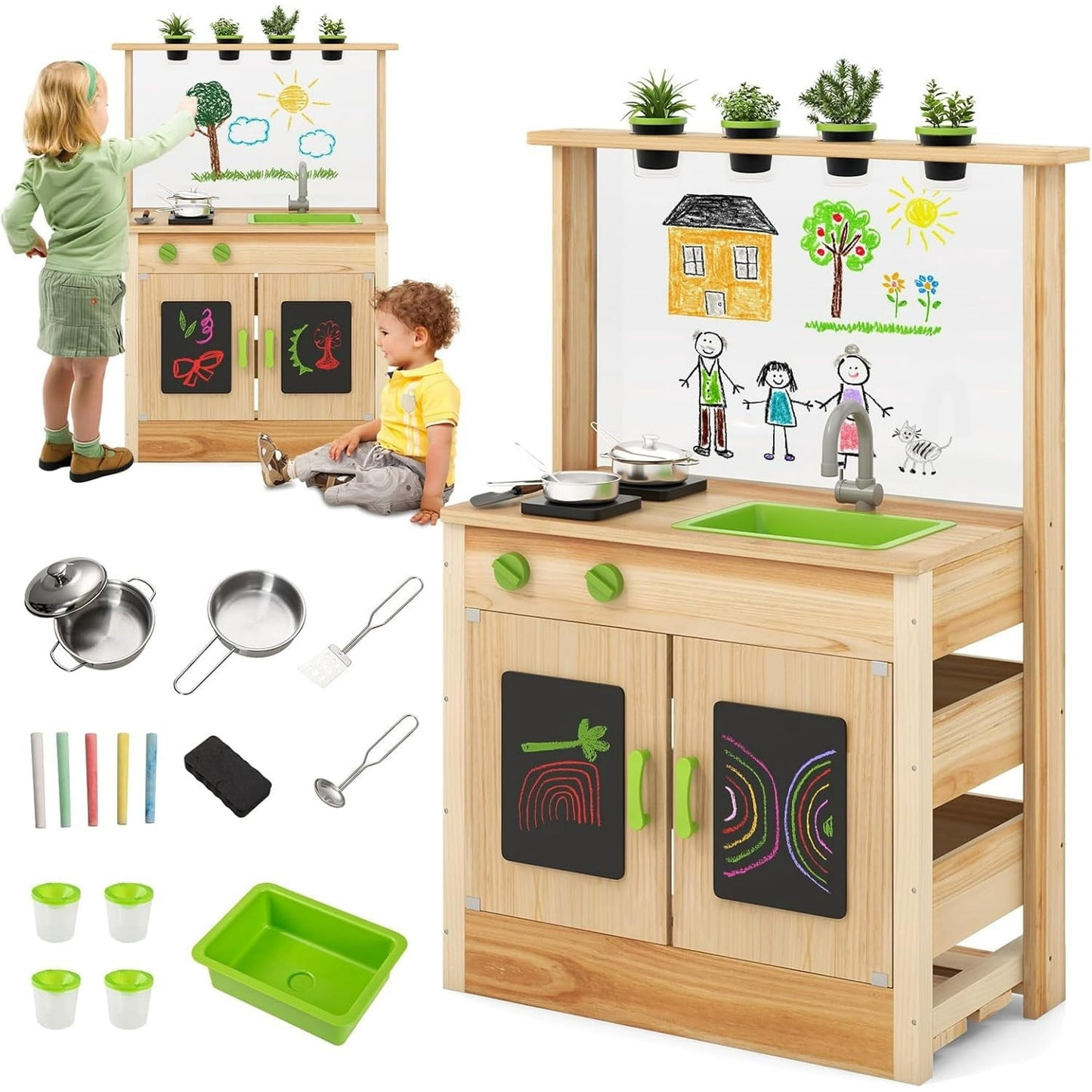 OLAKIDS Mud Kitchen, Outdoor Toys Play Kitchen with Acrylic Drawing Board Blackboard 4 Cups Removable Sink Cooking Accessories Wooden Kids Kitchen Playset Backyard Garden Gift for Boys Girls Ages 3+