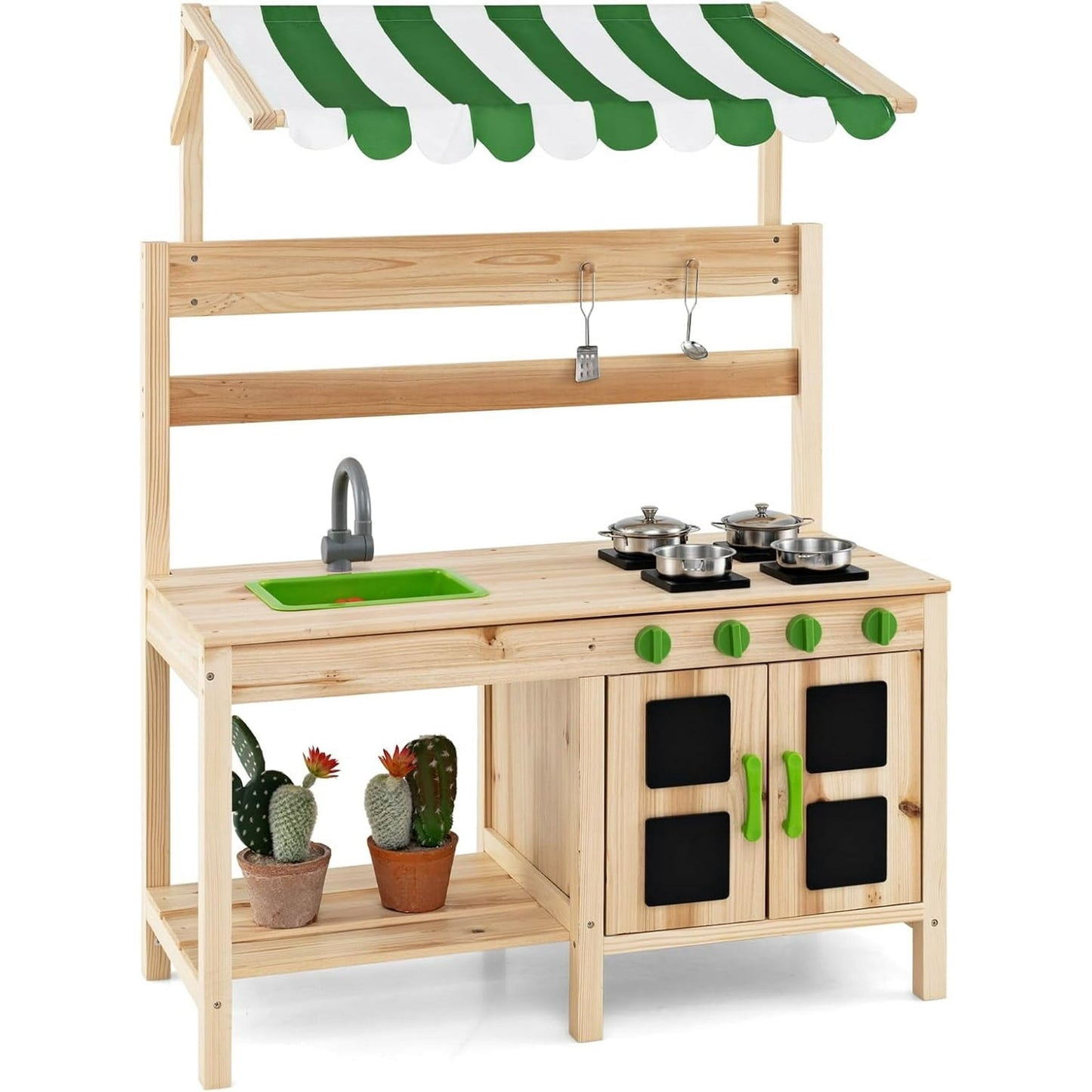 OLAKIDS Mud Kitchen, Outdoor Toys Play Kitchen with Awning Faucet Stoves Removable Sink Cooking Accessories Wooden Kids Kitchen Playset Backyard Garden Toys Gift for Boys Girls Ages 3+
