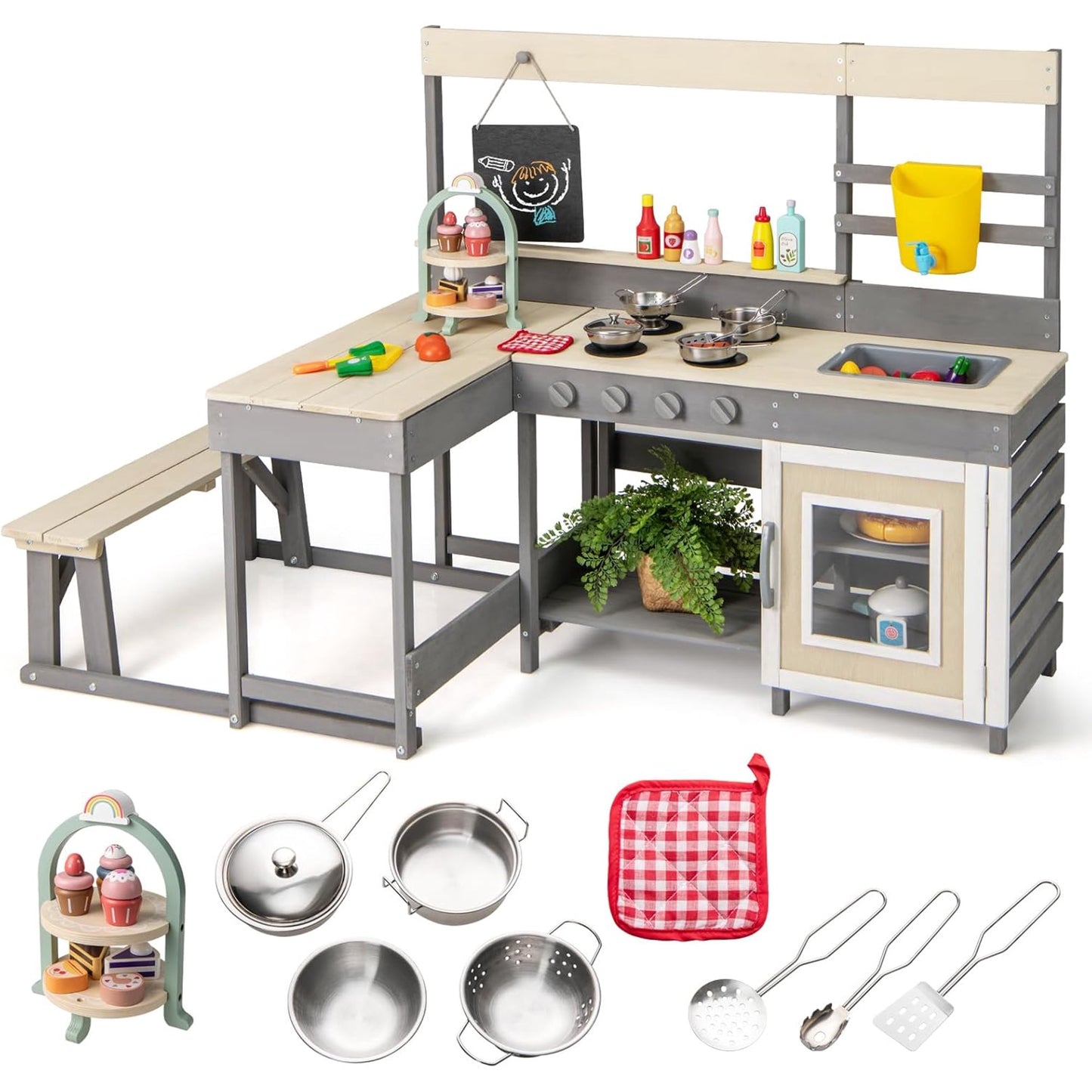 OLAKIDS Mud Kitchen, Outdoor Play Kitchen with Faucet Chalkboard Stoves Removable Sink Cooking Accessories Wooden Kids Kitchen Playset Backyard Garden Toys Gift for Boys Girls Ages 3+