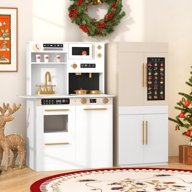 OLAKIDS Play Kitchen for Kids, 2-Piece Fridge Refrigerator Playset Combination with Electronic Interactive Alphabet Wall Chart Coffee Machine Stove Microwave, Toddler Wooden Pretend Cooking Set Gift