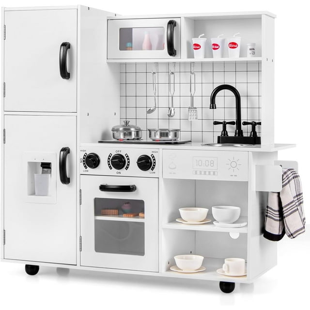 OLAKIDS Play Kitchen for Kids, Wooden Kids Play Kitchen Playset with Realistic Light & Sounds, Pots Pan Microwave Sink, Children Pretend Cooking Toy Set Gift for Toddler Boys Girls Ages 3+