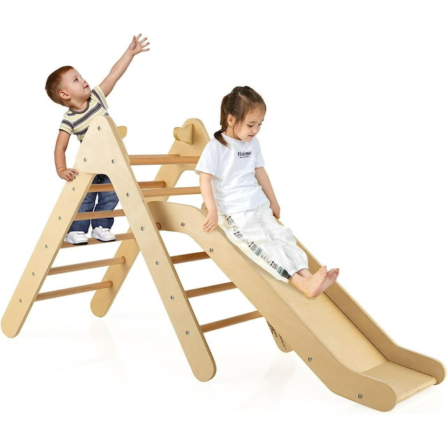 OLAKIDS Toddlers Triangle Climber, 2 in 1 Montessori Kids Wood Climbing Toy, Baby Climb Play Structure Activity Set