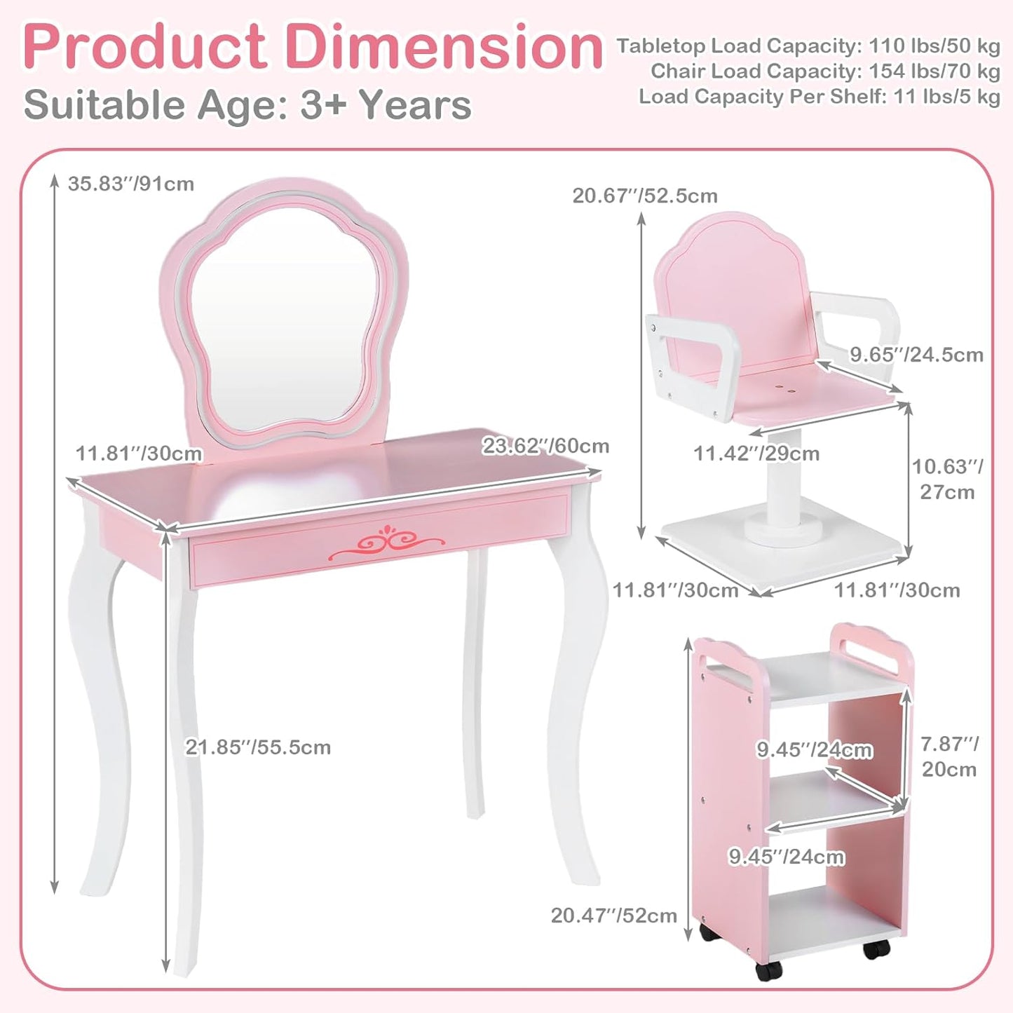 Olakids Kids Vanity with Lights and Barber Chair, Wooden Princess Makeup Dressing Desk for Girls Aged 3+