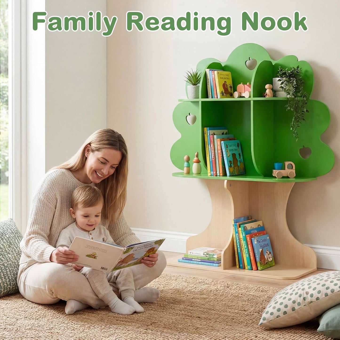 Olakids Tree Bookshelf for Kids, 3-Tier Montessori Bookcase, Space-Saving Freestanding Storage Organizer for Books Toys, Wooden Book Shelf for Toddlers 3+ Years