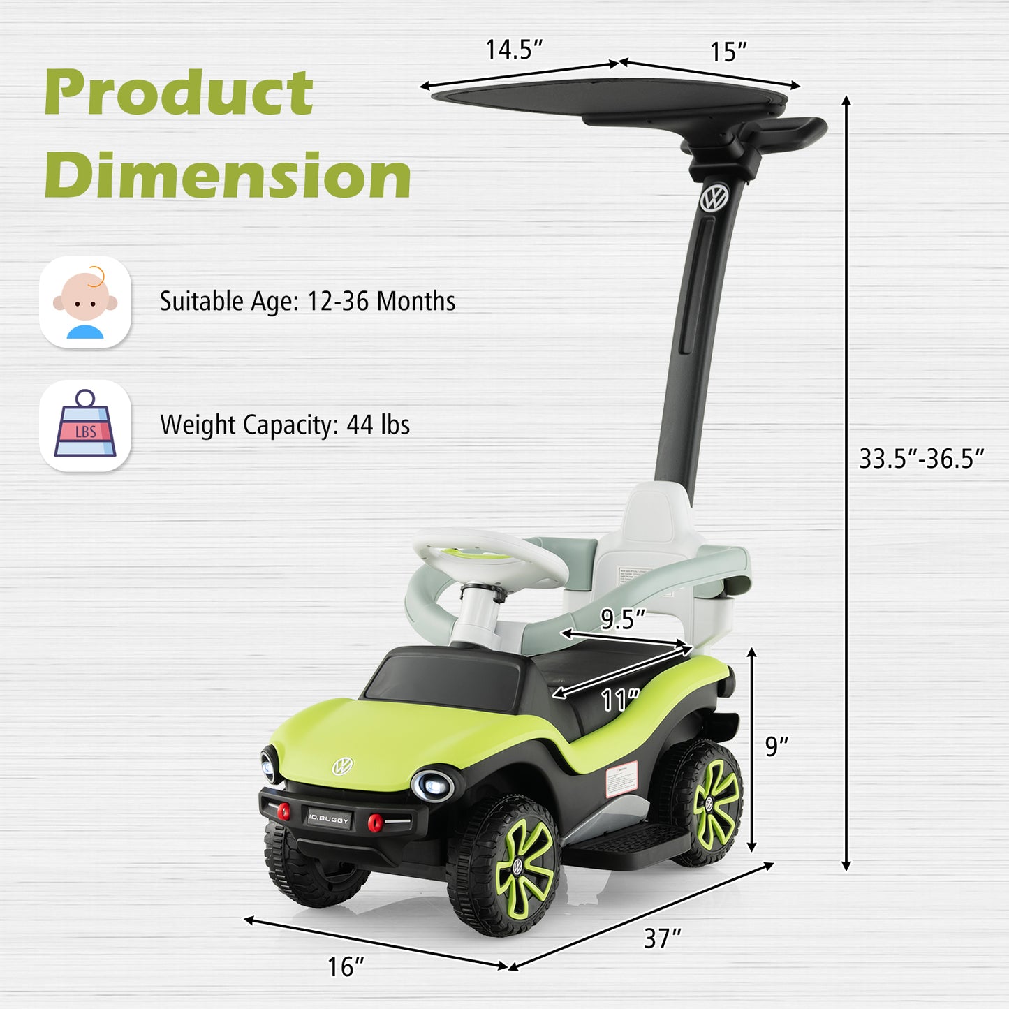 OLAKIDS 3 in 1 Ride on Push Car, Licensed Volkswagen ID. Buggy Sliding Toy with Height Adjustable Push Handle, Removable Canopy and Guardrails, Toddlers Foot to Floor Walking with Music Headlights