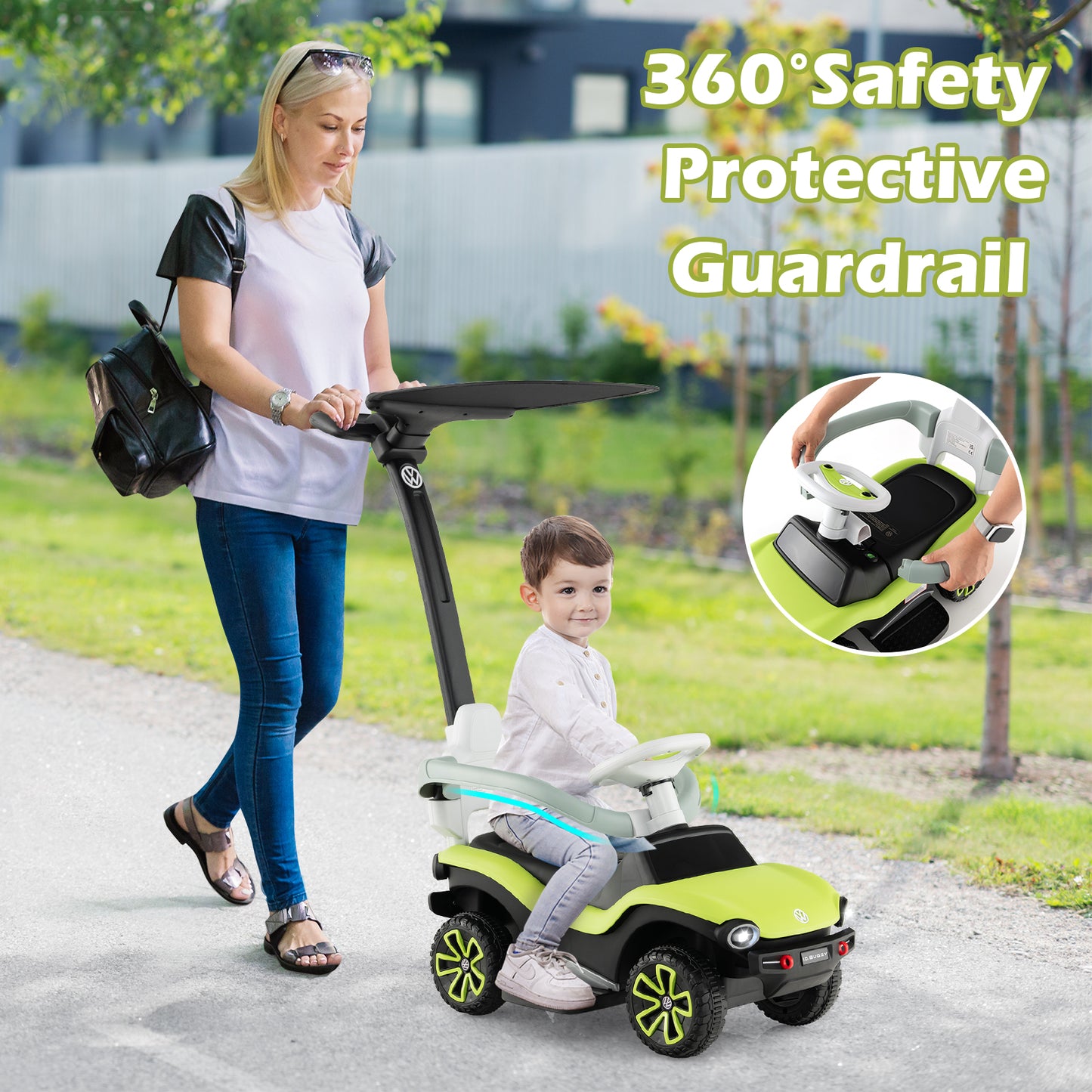 OLAKIDS 3 in 1 Ride on Push Car, Licensed Volkswagen ID. Buggy Sliding Toy with Height Adjustable Push Handle, Removable Canopy and Guardrails, Toddlers Foot to Floor Walking with Music Headlights