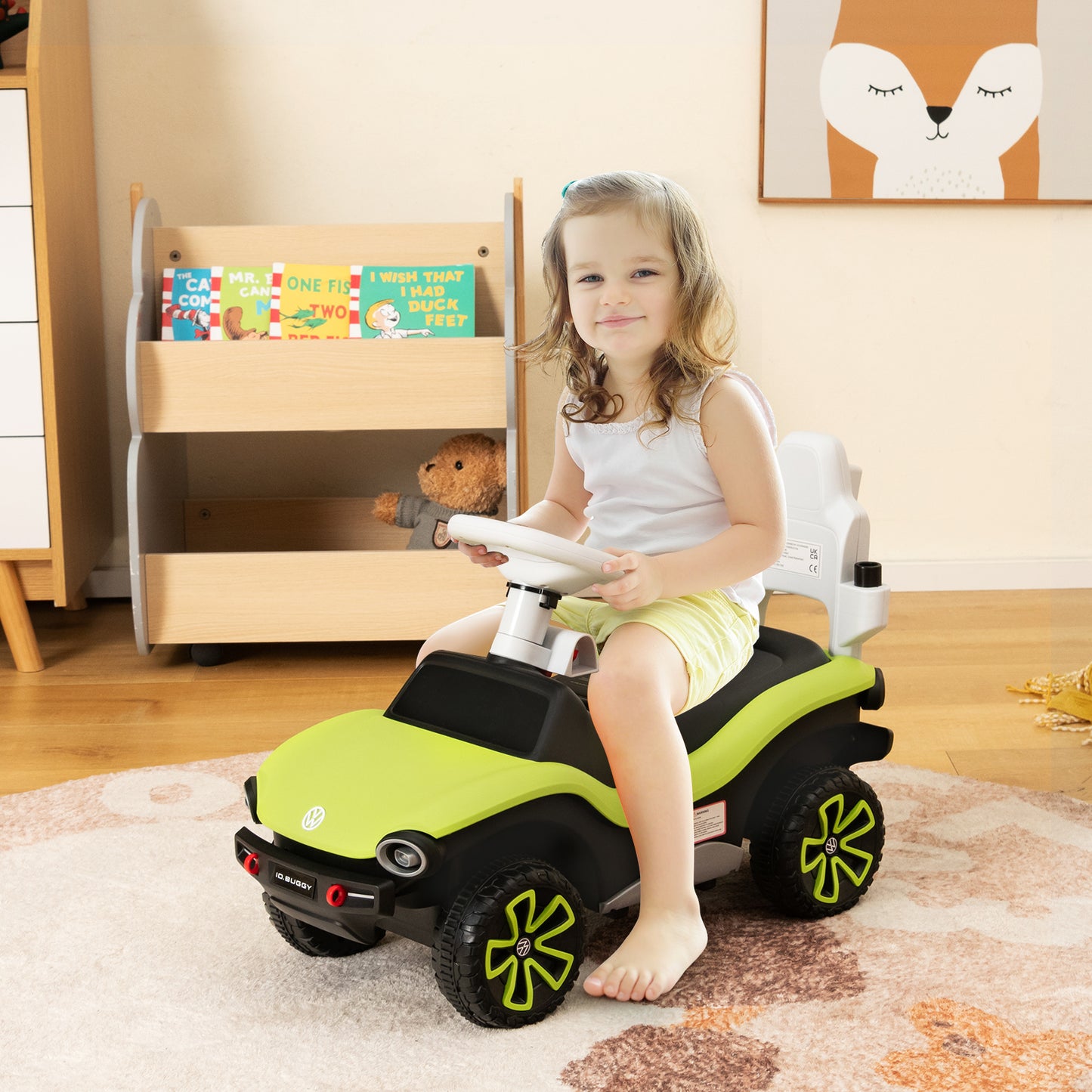 OLAKIDS 3 in 1 Ride on Push Car, Licensed Volkswagen ID. Buggy Sliding Toy with Height Adjustable Push Handle, Removable Canopy and Guardrails, Toddlers Foot to Floor Walking with Music Headlights