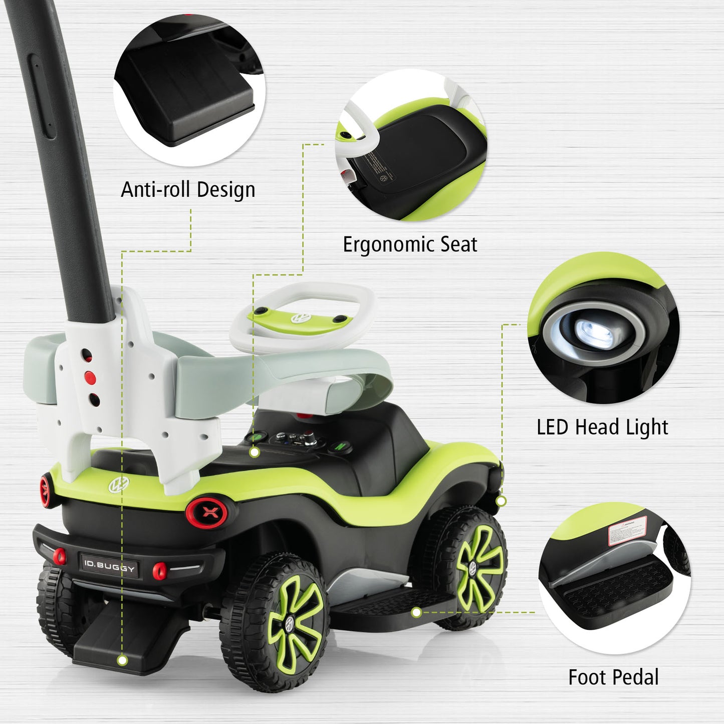 OLAKIDS 3 in 1 Ride on Push Car, Licensed Volkswagen ID. Buggy Sliding Toy with Height Adjustable Push Handle, Removable Canopy and Guardrails, Toddlers Foot to Floor Walking with Music Headlights