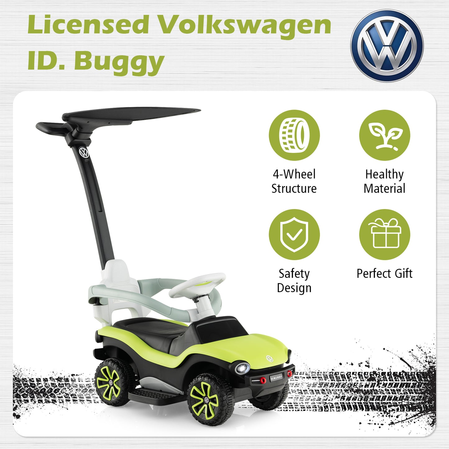 OLAKIDS 3 in 1 Ride on Push Car, Licensed Volkswagen ID. Buggy Sliding Toy with Height Adjustable Push Handle, Removable Canopy and Guardrails, Toddlers Foot to Floor Walking with Music Headlights
