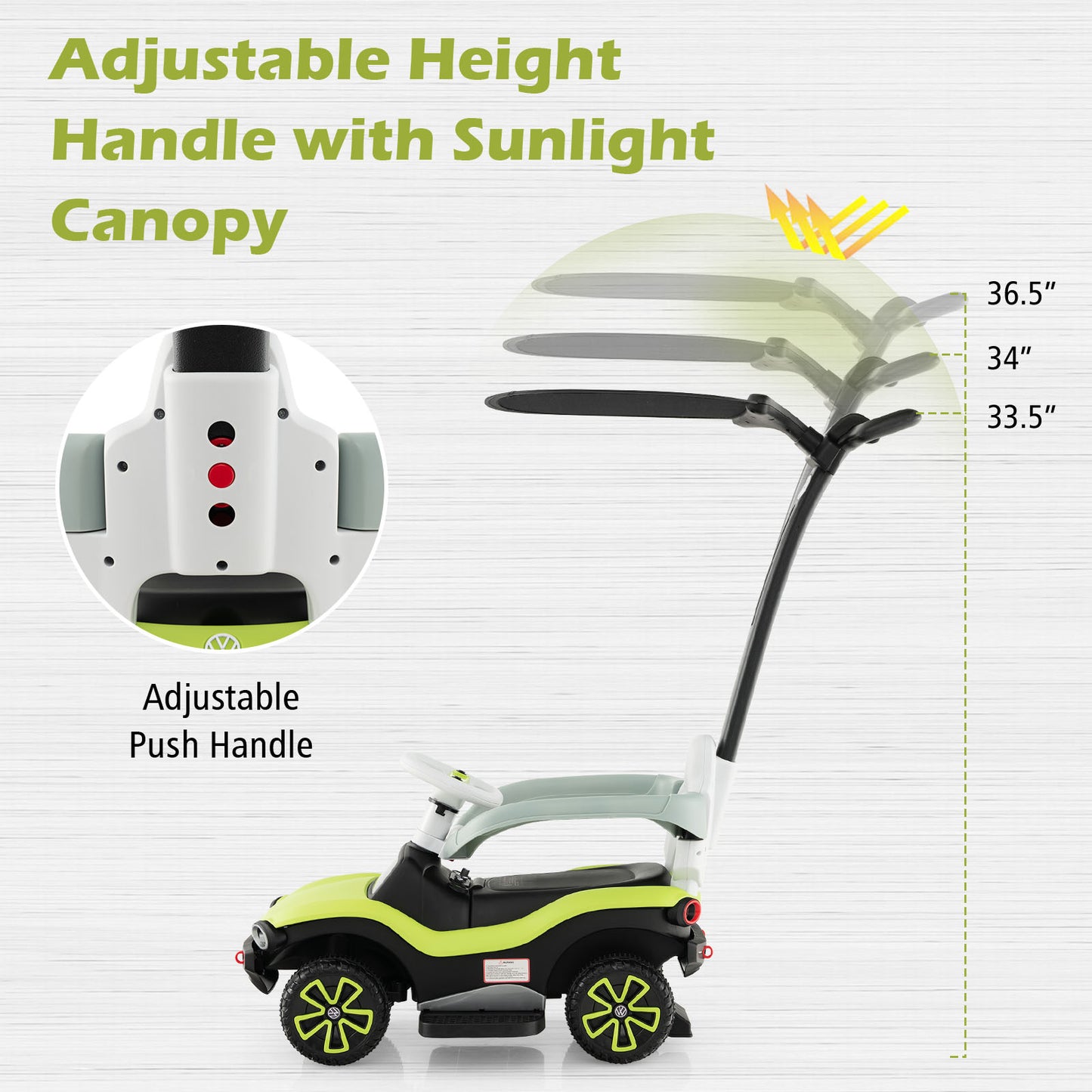 OLAKIDS 3 in 1 Ride on Push Car, Licensed Volkswagen ID. Buggy Sliding Toy with Height Adjustable Push Handle, Removable Canopy and Guardrails, Toddlers Foot to Floor Walking with Music Headlights