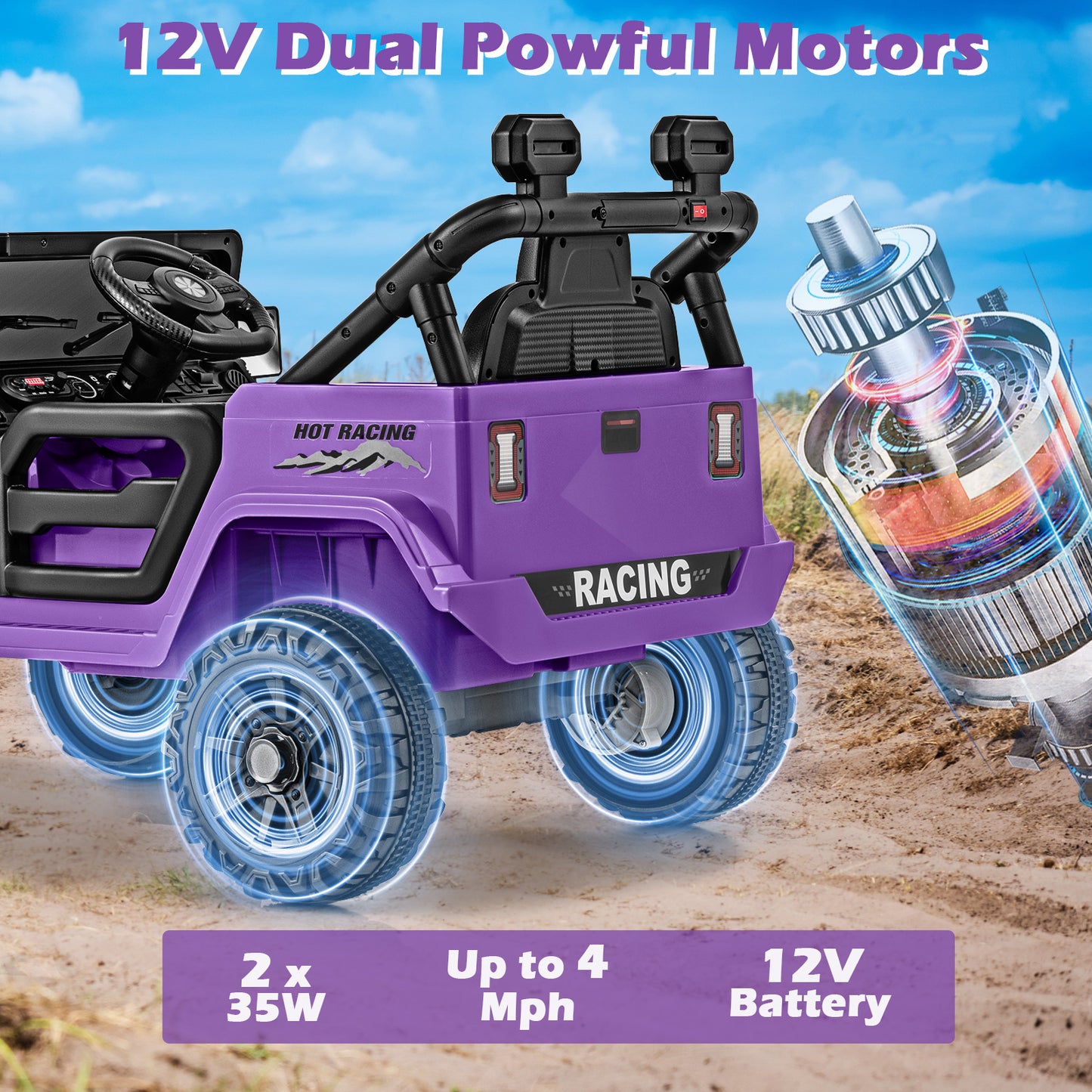 OLAKIDS Ride on Truck, 12V Battery Powered Electric Vehicle for Kids with Remote Control, Bluetooth, Power Display, LED Lights, Music Player, Ride on Toy for 3+ Boys Girls