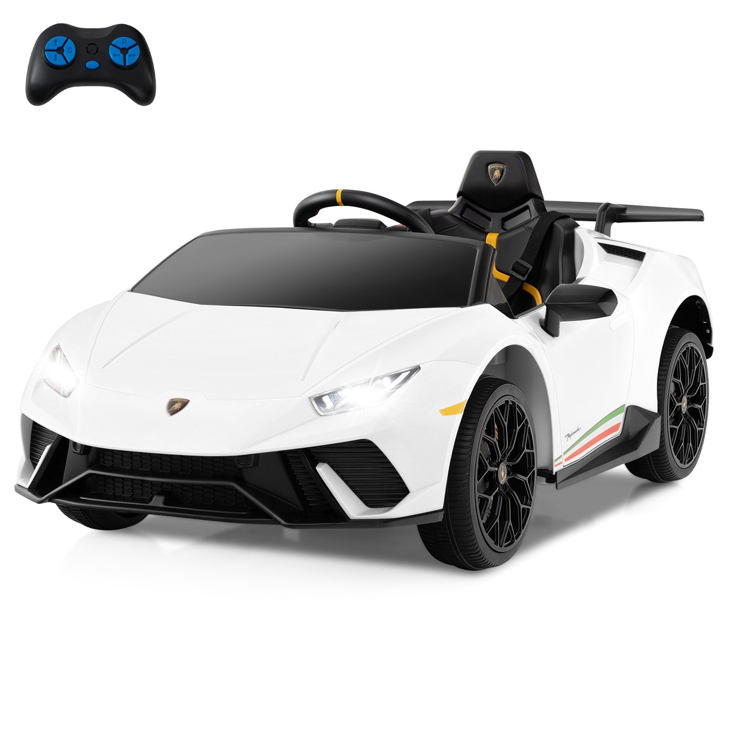 Licensed Lamborghini Huracan Ride on Car by OLAKIDS, 12V Kids Electric Vehicle Battery Powered Toy with Remote Control, LED Lights, Spring Suspension, Bluetooth, MP3, Aged 3-8 Years