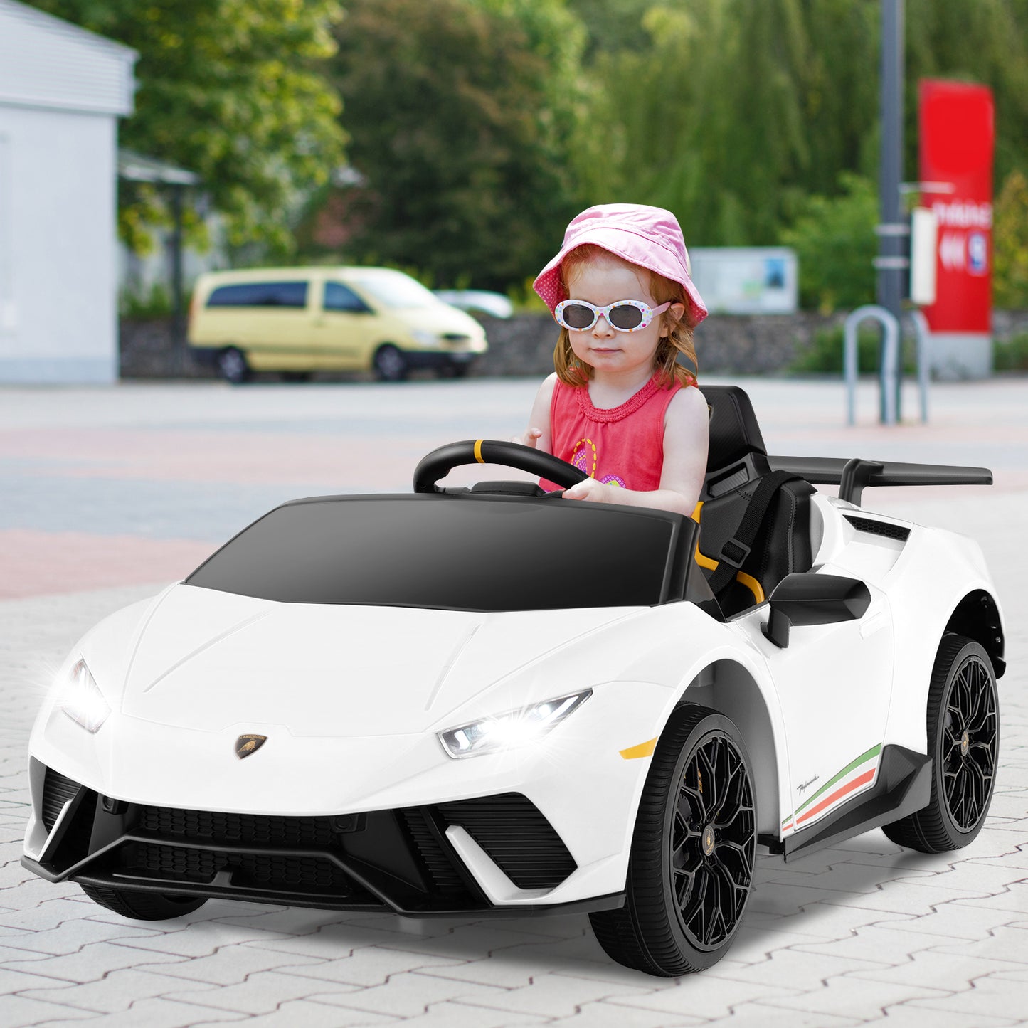 Licensed Lamborghini Huracan Ride on Car by OLAKIDS, 12V Kids Electric Vehicle Battery Powered Toy with Remote Control, LED Lights, Spring Suspension, Bluetooth, MP3, Aged 3-8 Years