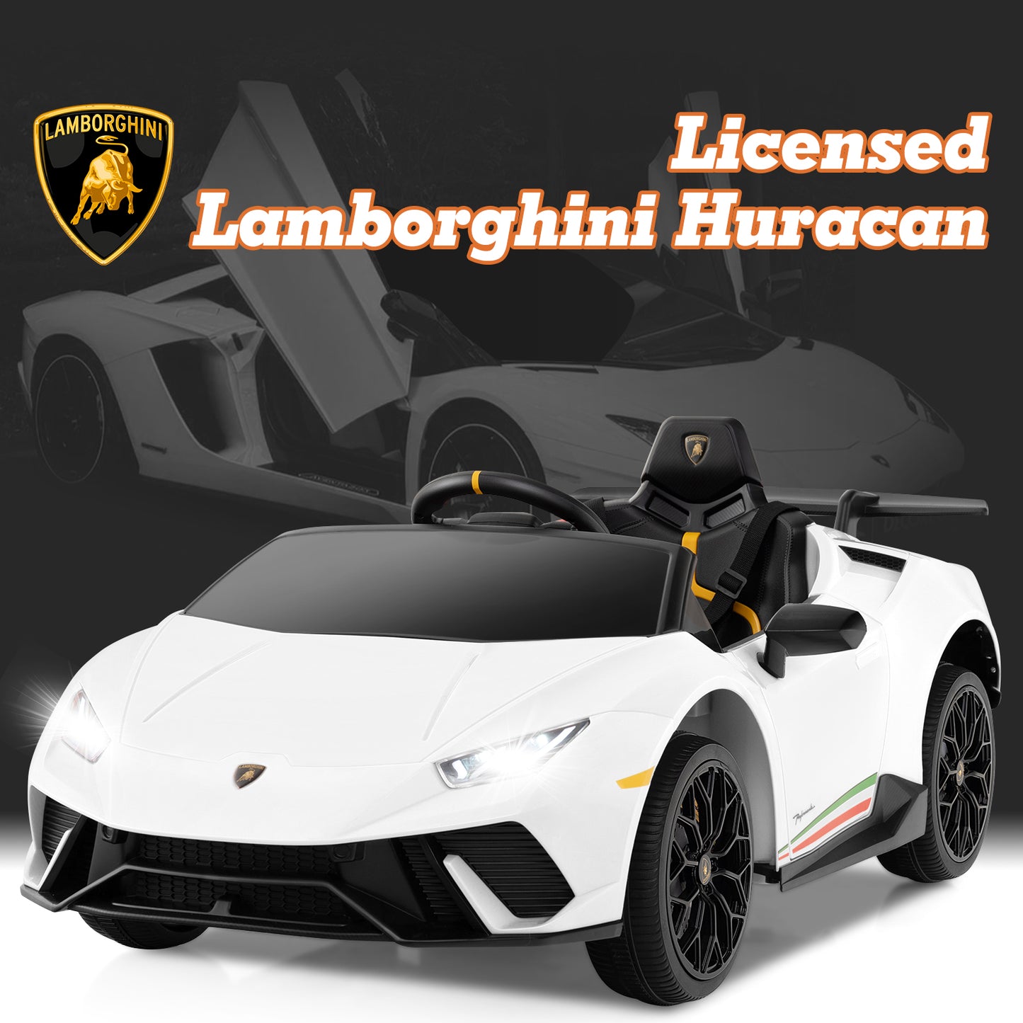 Licensed Lamborghini Huracan Ride on Car by OLAKIDS, 12V Kids Electric Vehicle Battery Powered Toy with Remote Control, LED Lights, Spring Suspension, Bluetooth, MP3, Aged 3-8 Years