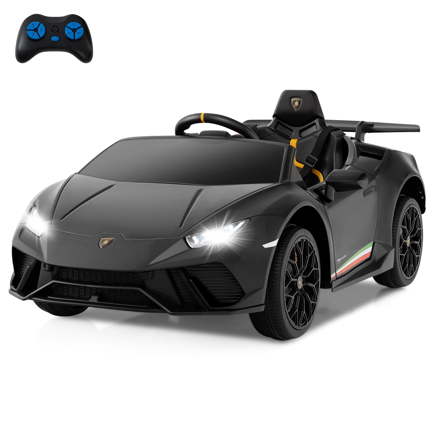 Licensed Lamborghini Huracan Ride on Car by OLAKIDS, 12V Kids Electric Vehicle Battery Powered Toy with Remote Control, LED Lights, Spring Suspension, Bluetooth, MP3, Aged 3-8 Years