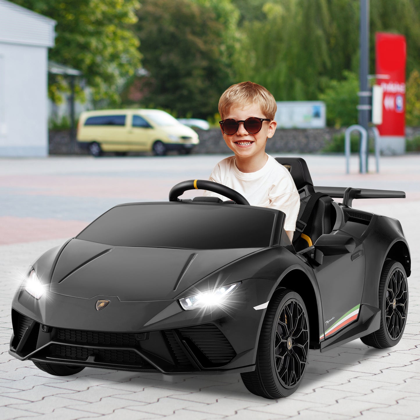 Licensed Lamborghini Huracan Ride on Car by OLAKIDS, 12V Kids Electric Vehicle Battery Powered Toy with Remote Control, LED Lights, Spring Suspension, Bluetooth, MP3, Aged 3-8 Years