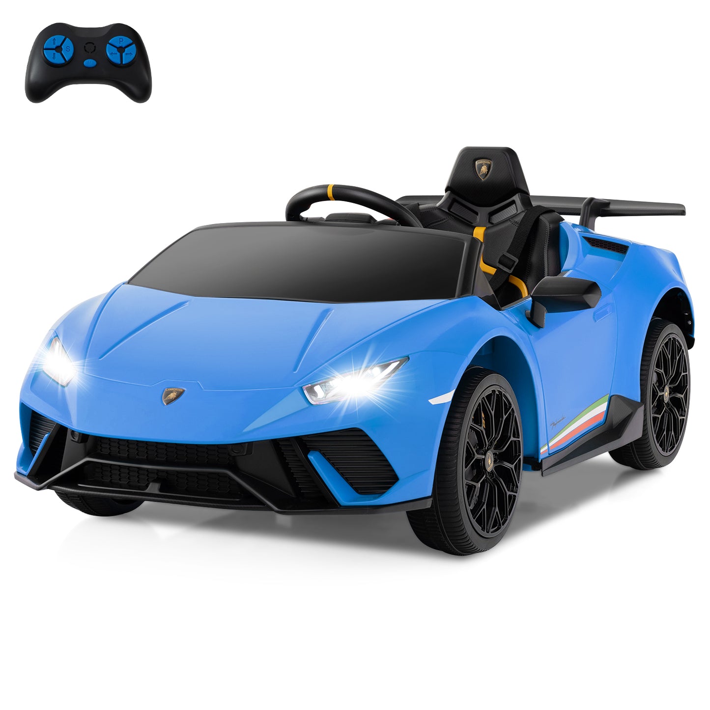 Licensed Lamborghini Huracan Ride on Car by OLAKIDS, 12V Kids Electric Vehicle Battery Powered Toy with Remote Control, LED Lights, Spring Suspension, Bluetooth, MP3, Aged 3-8 Years