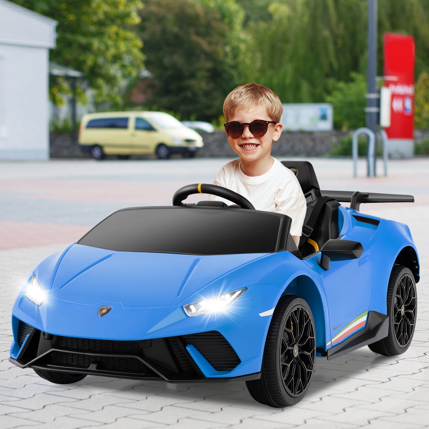 Licensed Lamborghini Huracan Ride on Car by OLAKIDS, 12V Kids Electric Vehicle Battery Powered Toy with Remote Control, LED Lights, Spring Suspension, Bluetooth, MP3, Aged 3-8 Years