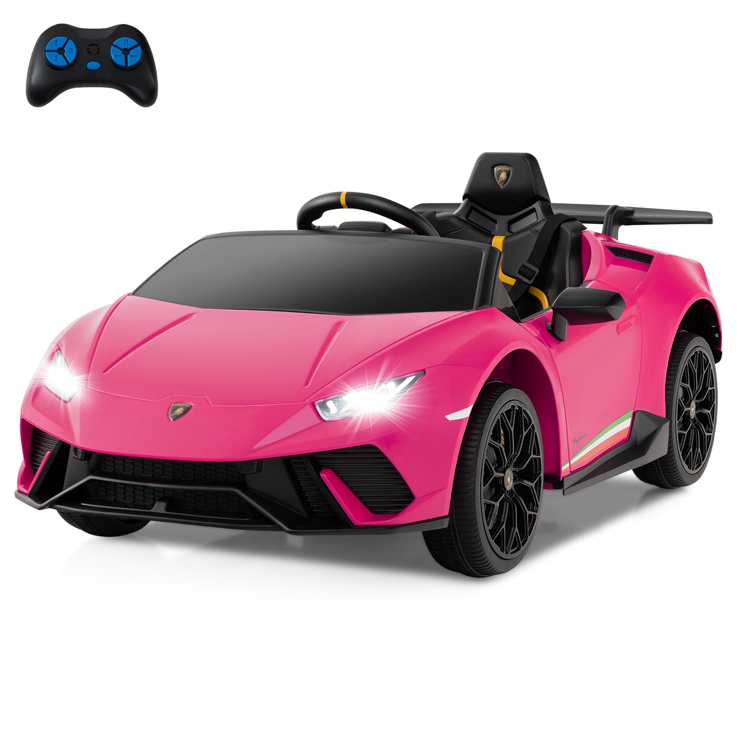 Licensed Lamborghini Huracan Ride on Car by OLAKIDS, 12V Kids Electric Vehicle Battery Powered Toy with Remote Control, LED Lights, Spring Suspension, Bluetooth, MP3, Aged 3-8 Years