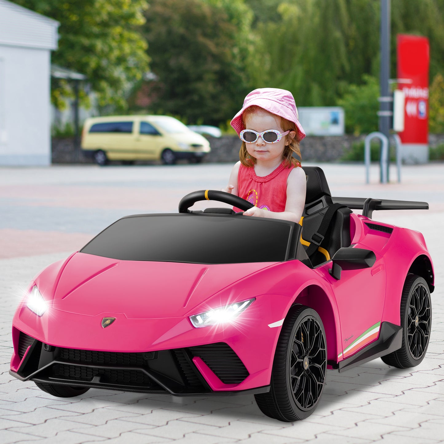 Licensed Lamborghini Huracan Ride on Car by OLAKIDS, 12V Kids Electric Vehicle Battery Powered Toy with Remote Control, LED Lights, Spring Suspension, Bluetooth, MP3, Aged 3-8 Years
