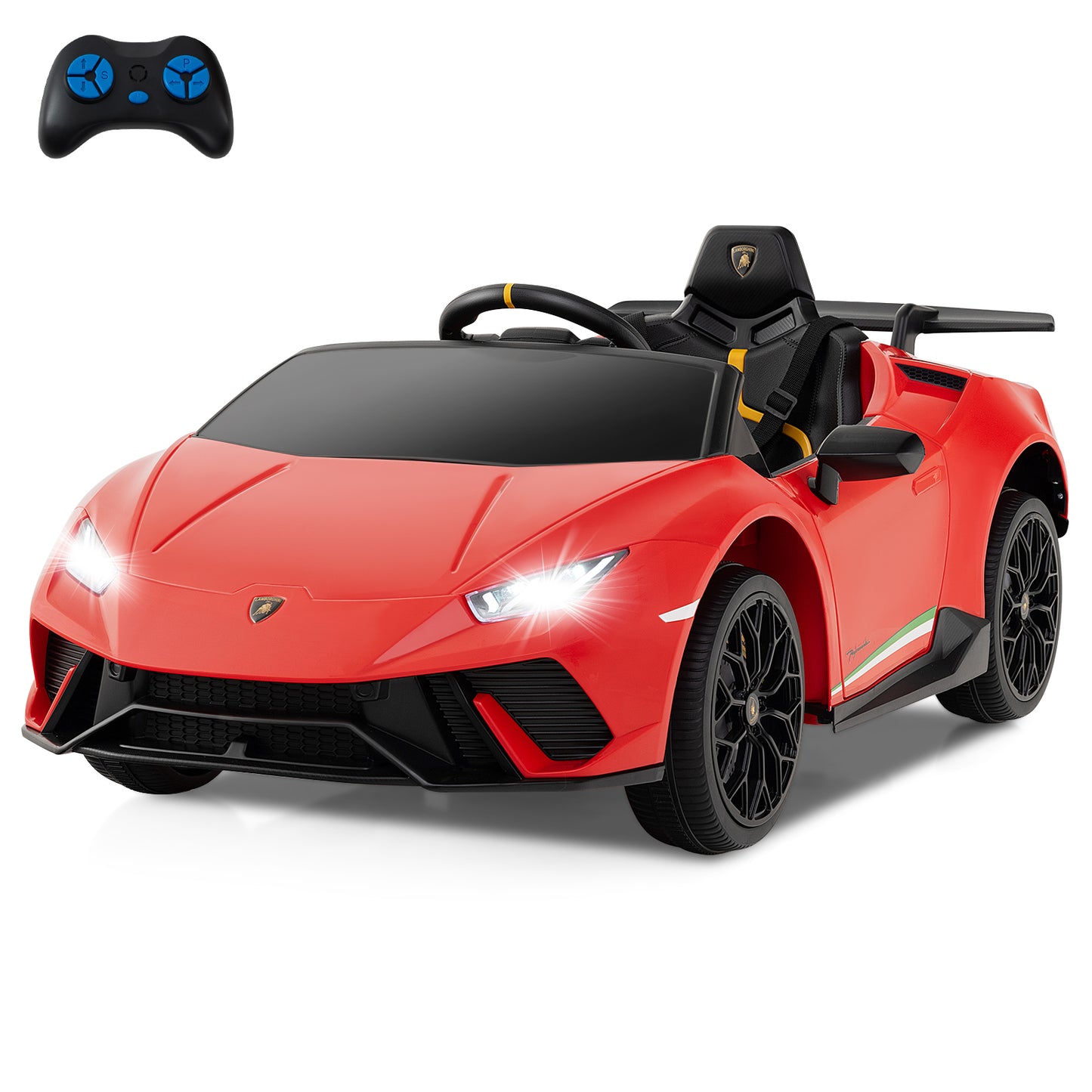 Licensed Lamborghini Huracan Ride on Car by OLAKIDS, 12V Kids Electric Vehicle Battery Powered Toy with Remote Control, LED Lights, Spring Suspension, Bluetooth, MP3, Aged 3-8 Years